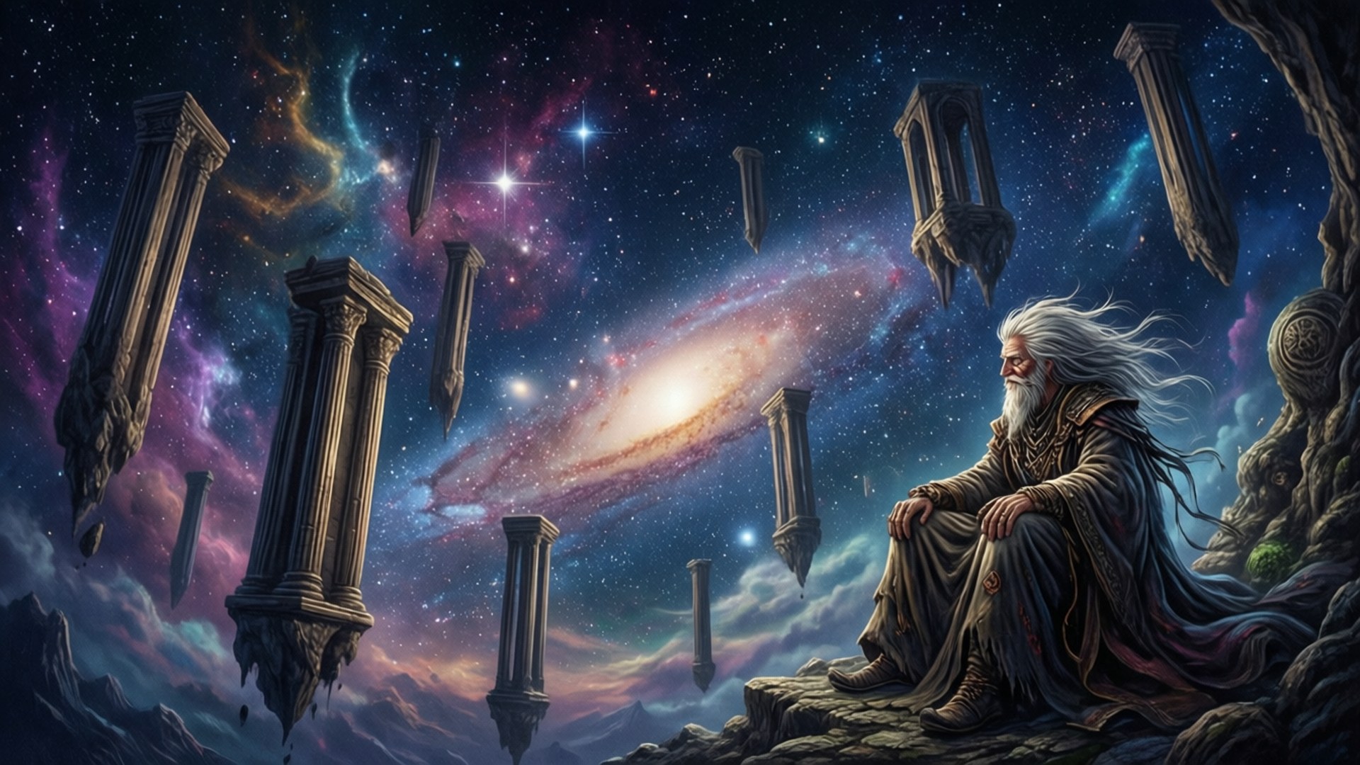 時空之鑰 桌布 壁紙 — 一位白髮蒼蒼的老巫師坐在懸崖邊，古老的柱子漂浮在充滿活力的宇宙星系中。