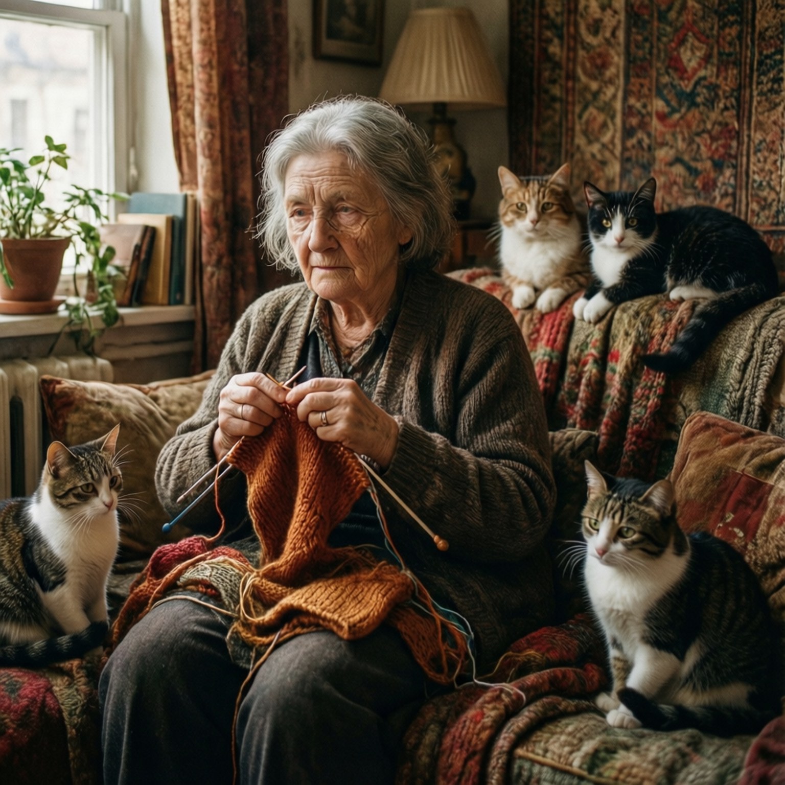 Lillian Cat Lady 壁紙 — 一位老婦人正在編織橙色羊毛，四隻貓咪在她周圍的花紋沙發上閒逛，房間舒適且陽光充足。