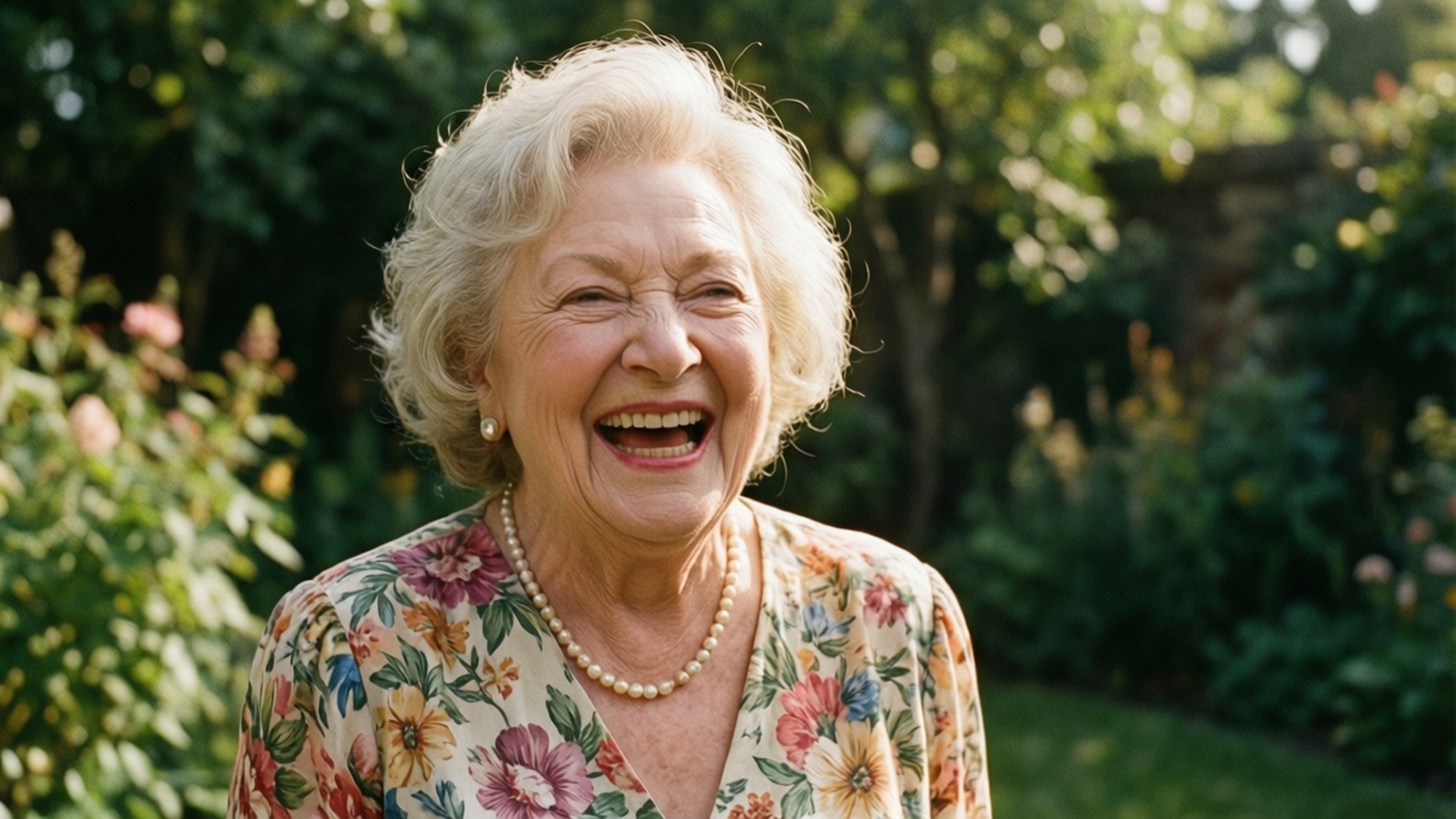 Laughter in the Garden 壁紙 — 一位白髮老婦人在陽光明媚的花園裡穿著花卉襯衫和珍珠項鍊，開心地大笑。