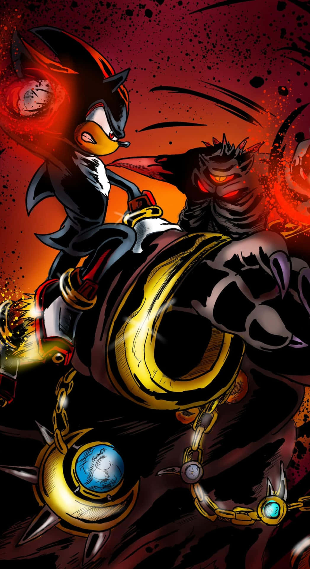  壁紙 — 暗黑裝甲的Shadow the Hedgehog與惡魔般的人物在熾熱的紅色和橙色爆炸背景中交鋒。