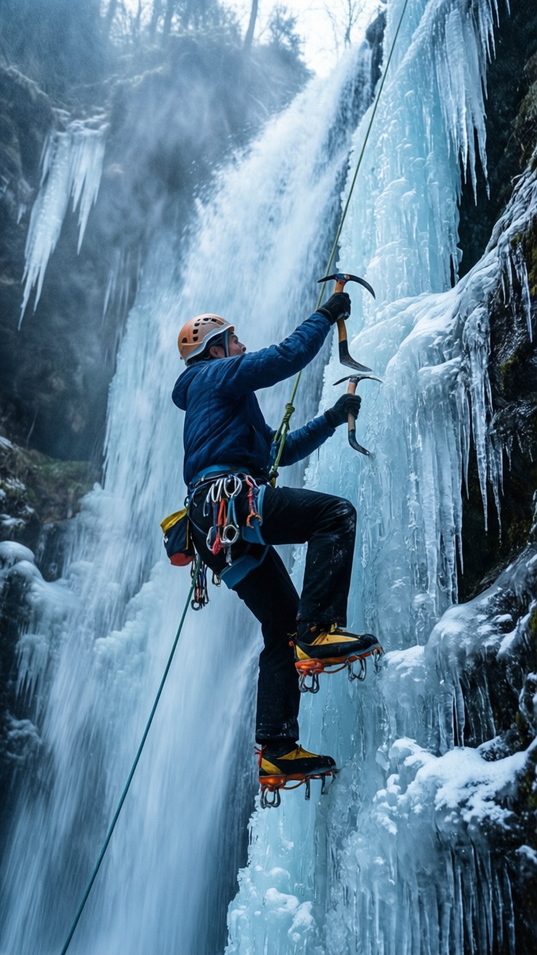 Ice Ascension 壁紙 — 一名攀冰者使用冰斧和冰爪攀登結冰的瀑布，背景是霧氣瀰漫的樹木和懸掛的冰柱。