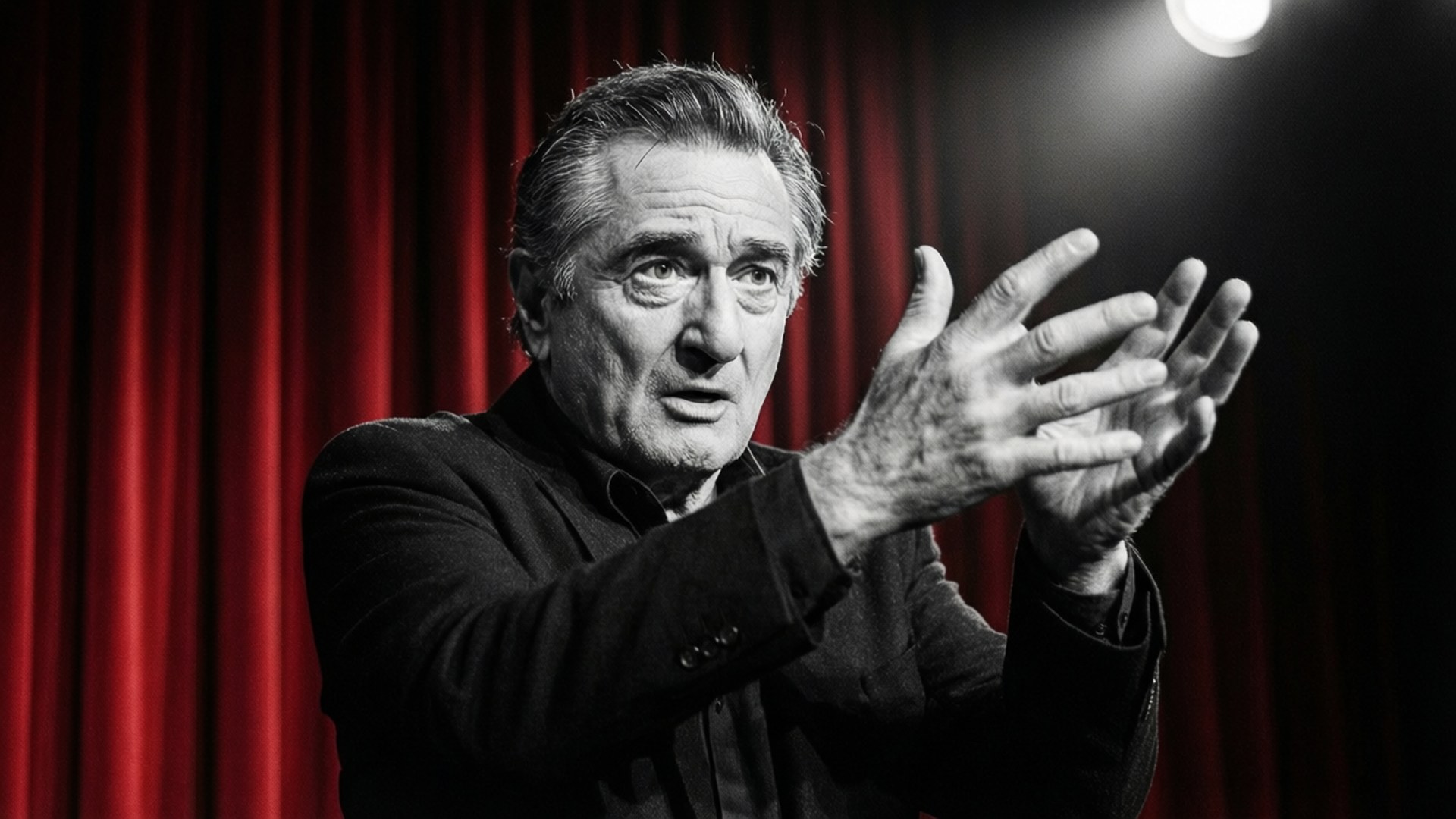 Stage Actor Spotlight 壁紙 — 一位穿著深色西裝的年長男性在聚光燈下對著鮮紅色的窗簾富有表現力地做手勢。