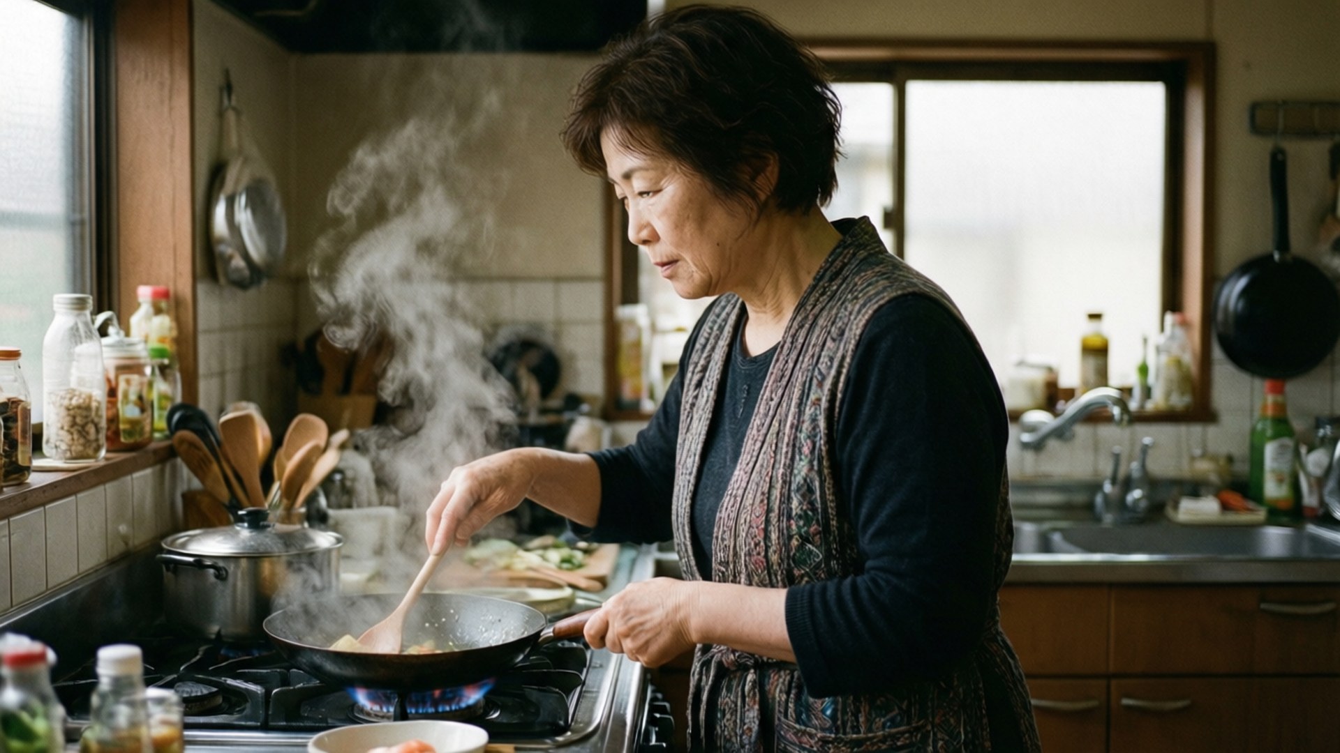 Mother's Kitchen 壁紙 — 一位年長女性在溫暖照明的家居廚房裡，用平底鍋在瓦斯爐上攪拌冒煙的食物。