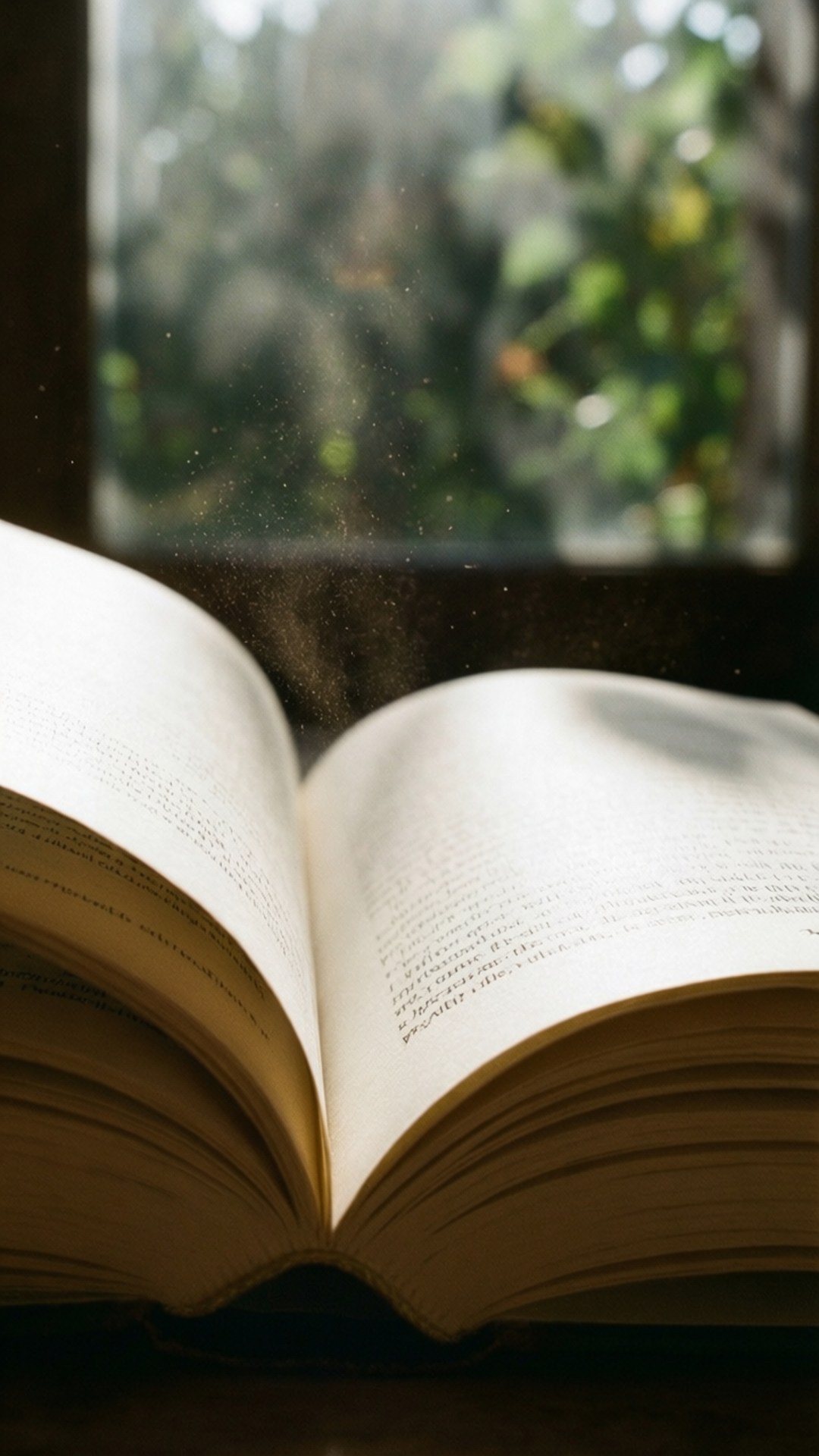 Sunlit Pages 壁紙 — 一本打開的書放在表面上，陽光透過窗戶照射進來，投射出灰塵微粒，並照亮外面的綠色樹葉。