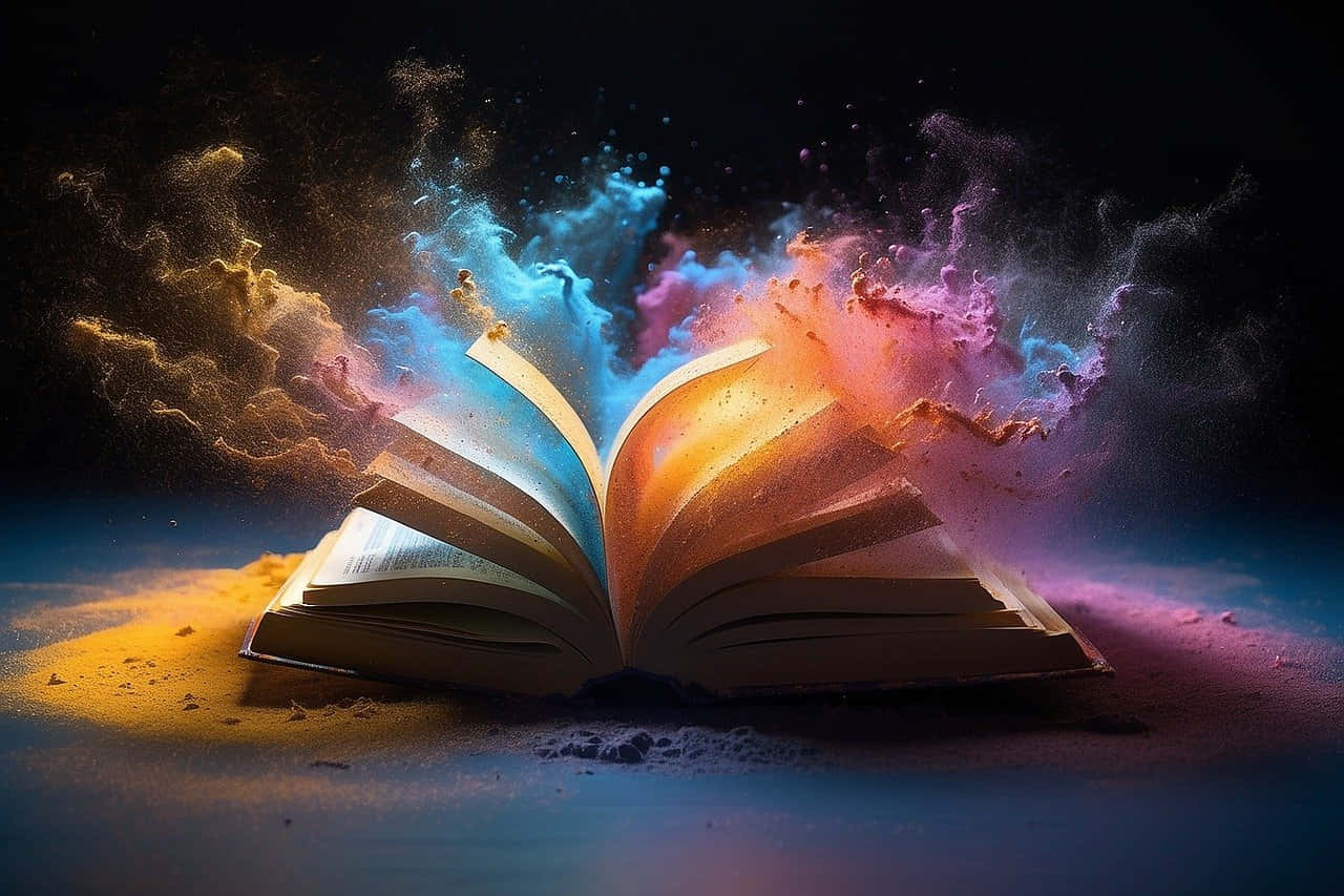  壁紙 — 一本打開的書在黑暗虛空中噴發出鮮豔的宇宙塵埃和旋轉的色彩。