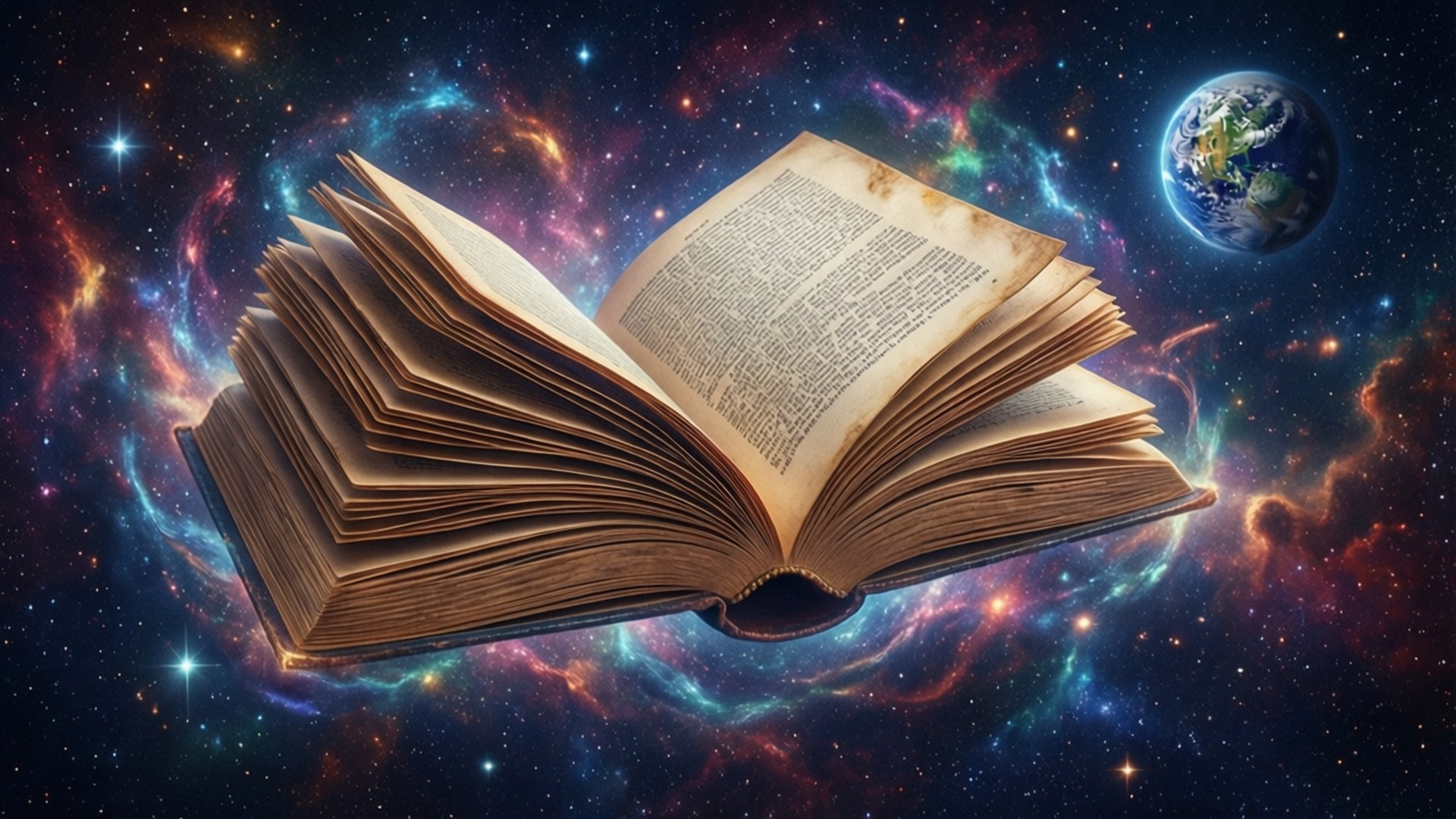 Cosmic Book 壁紙 — 一本打開的書漂浮在充滿活力的宇宙星雲中，地球在附近可見。