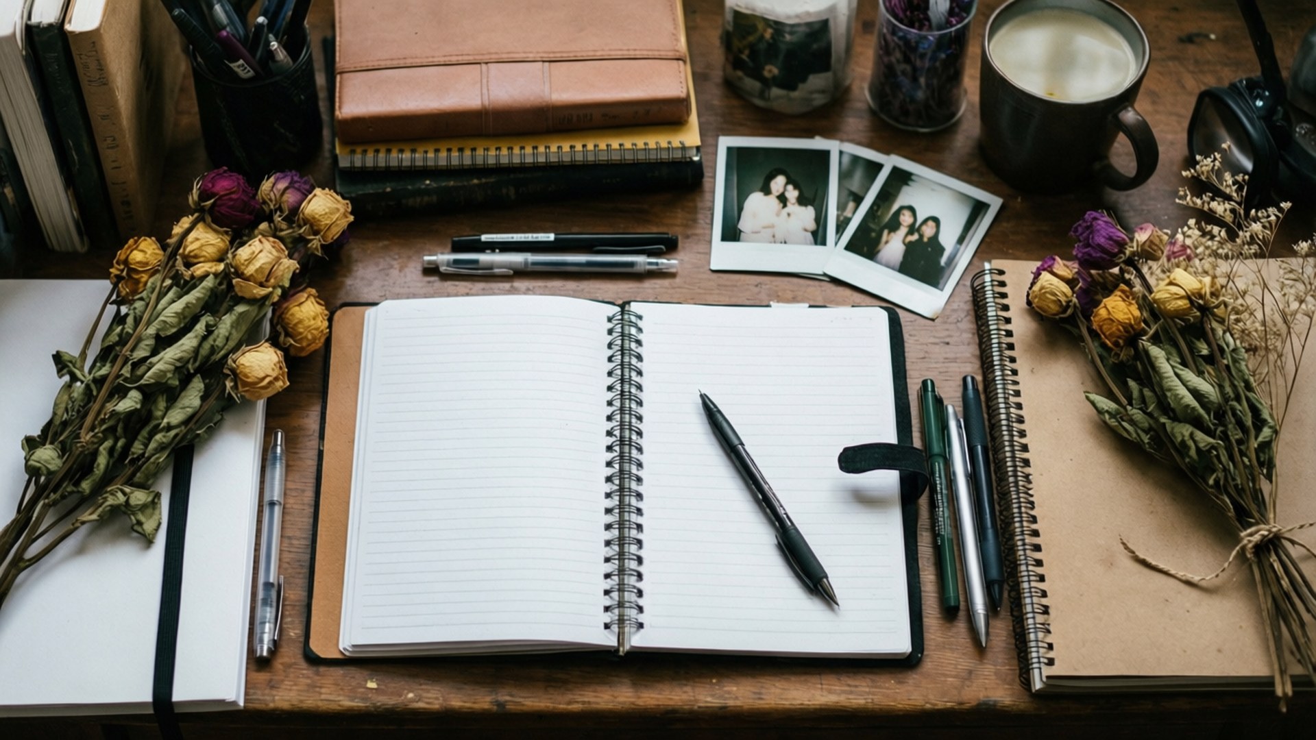 Creative Desk Clutter 壁紙 — 一本打開的螺旋筆記本放在木桌上，周圍環繞著乾花、筆、照片和書籍，營造出舒適的創意工作空間。