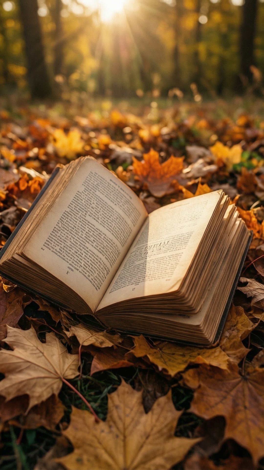 Autumn Reading 壁紙 — 一本打開的復古書本放在金色的秋葉之間，陽光穿過樹林灑落在寧靜的森林中。