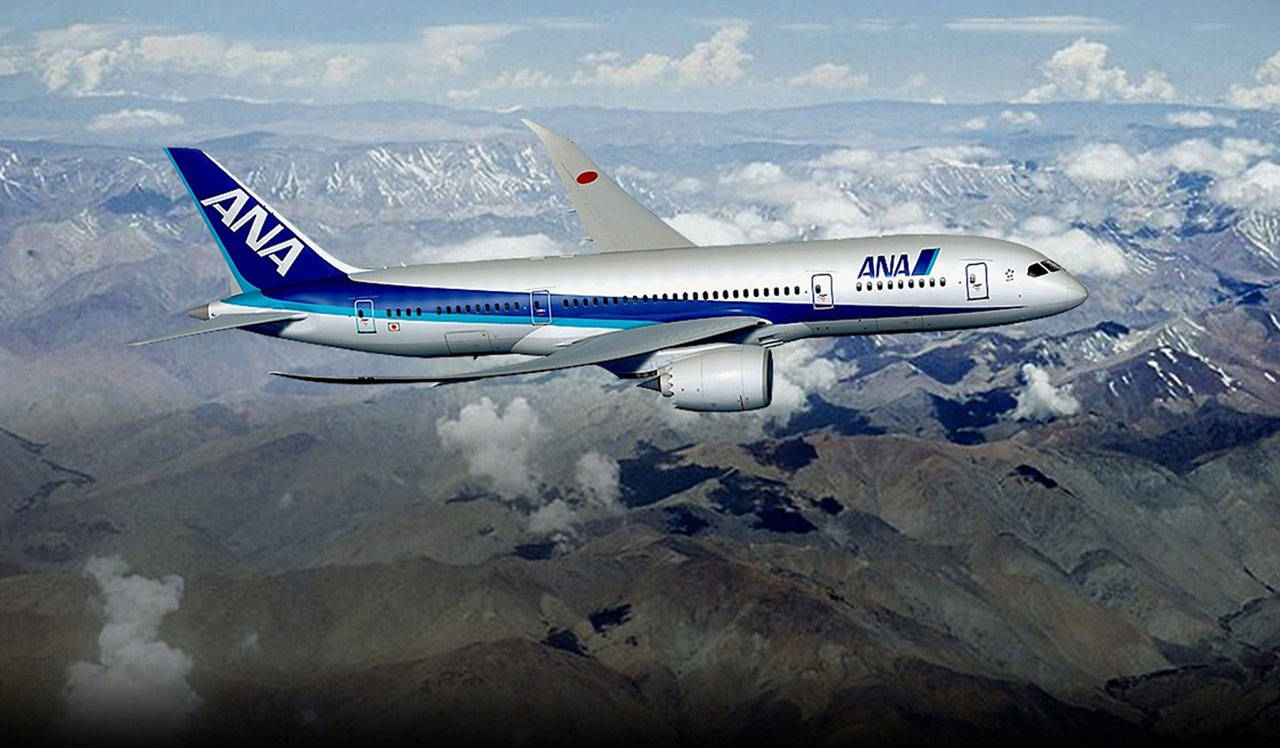  壁紙 — ANA 飛機在晴朗的藍天中翱翔於積雪的山脈和雲層之上。
