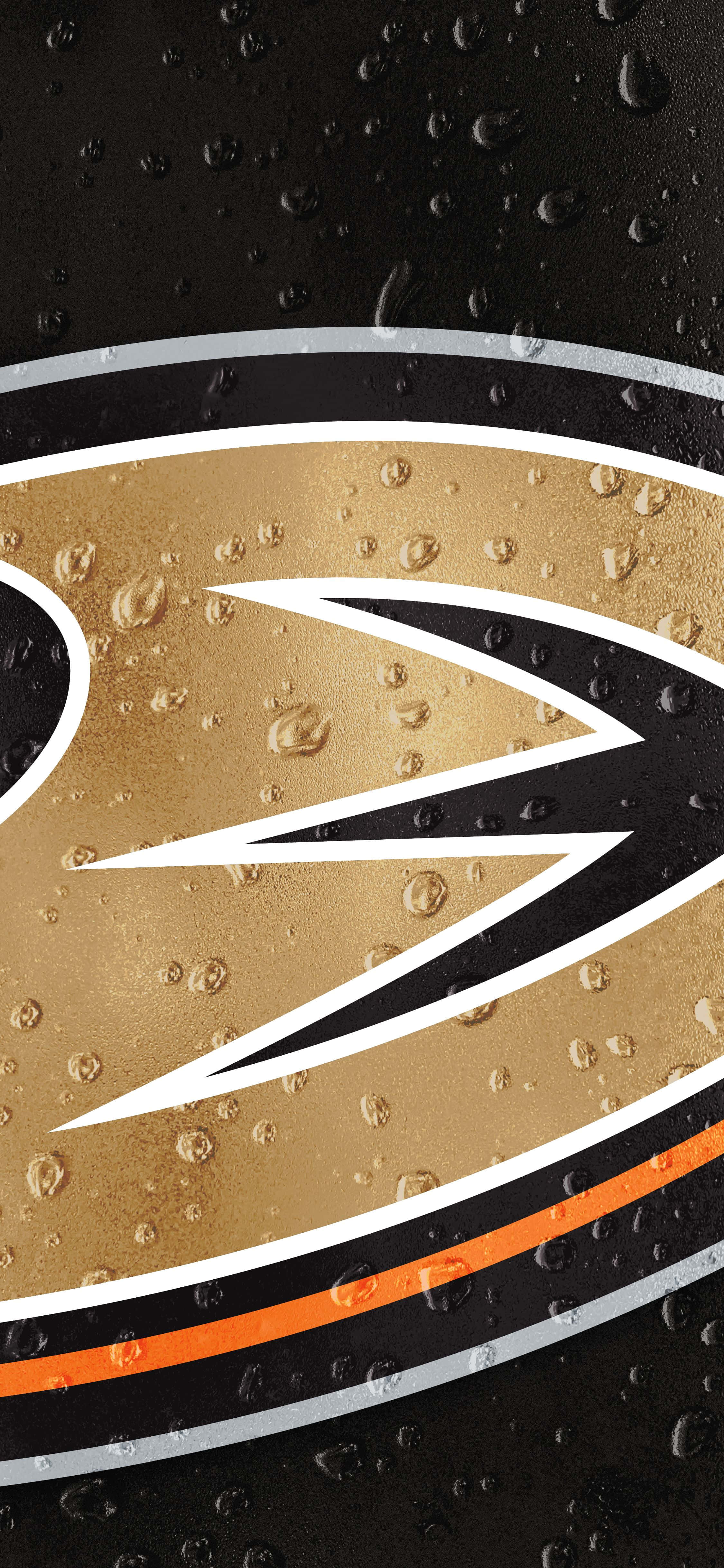 Anaheim Ducks 桌布 壁紙 — Anaheim Ducks 標誌的特寫，位於佈滿露水的黑色表面上，帶有金色和橙色點綴。