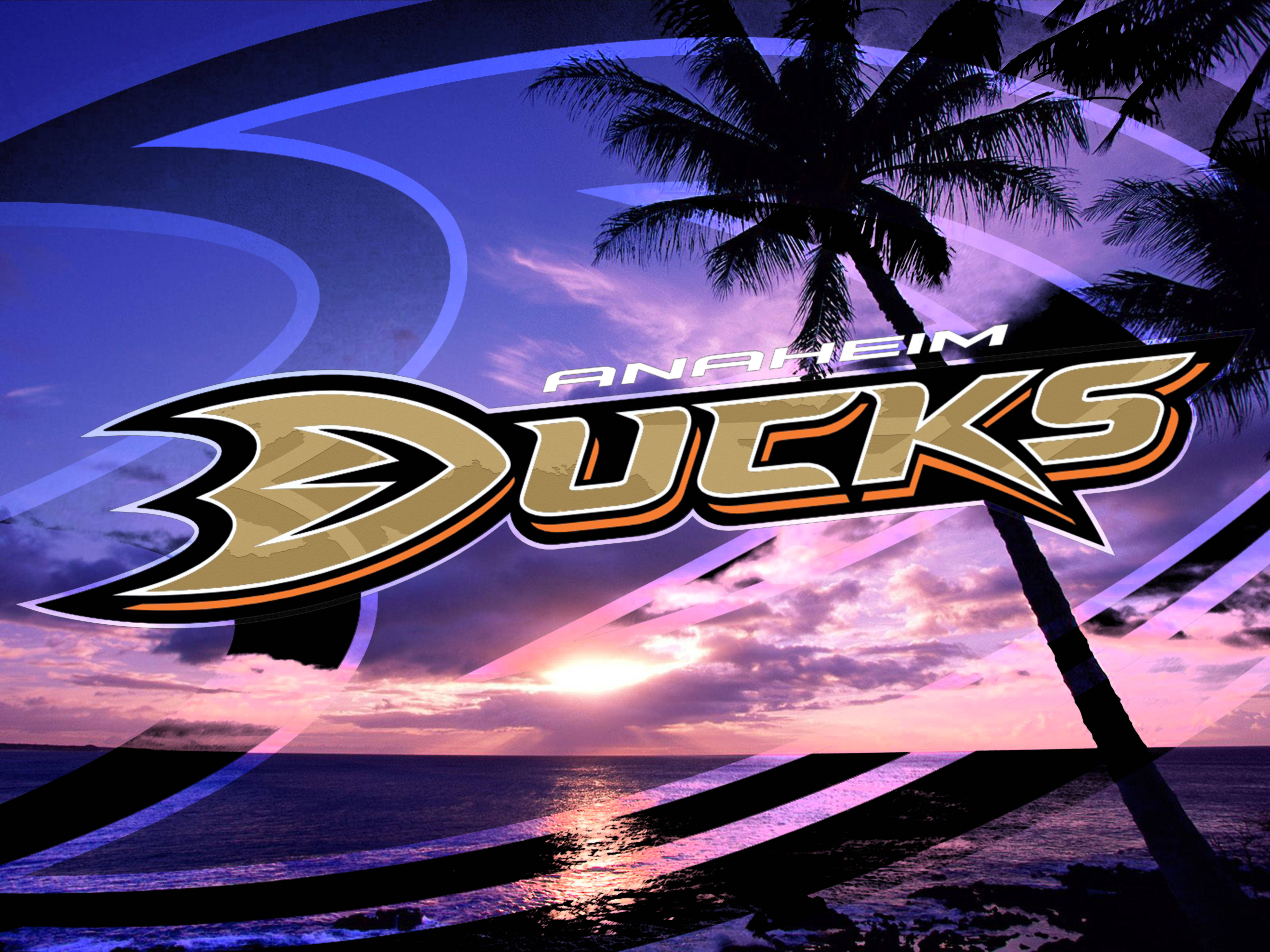 ducks 桌布 壁紙 — Anaheim Ducks 標誌在熱帶日落、棕櫚樹和海浪上方發光。