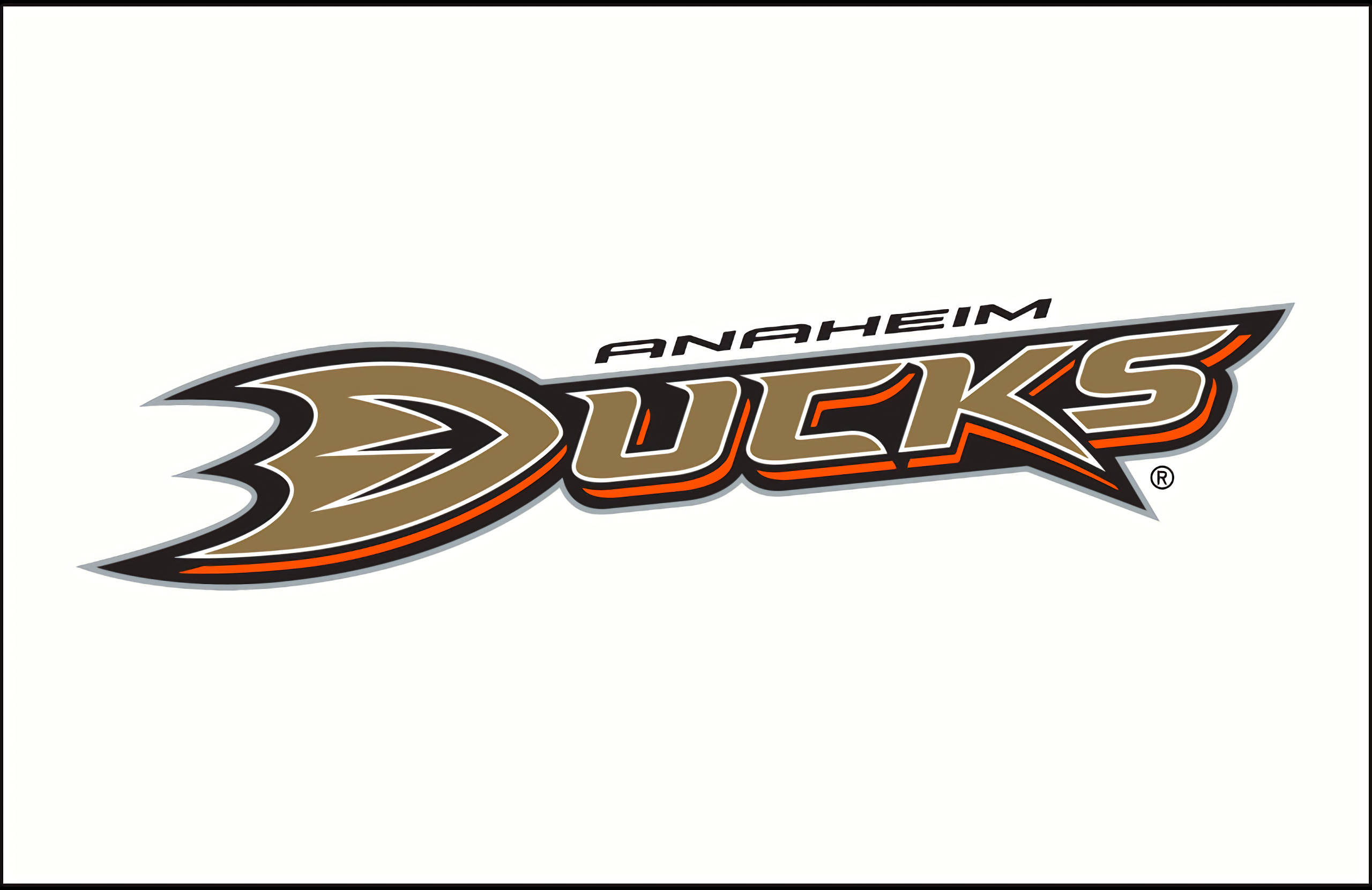 ducks 桌布 壁紙 — Anaheim Ducks 標誌，採用粗體風格字體和鴨頭設計，金色、黑色和橙色，白色背景。