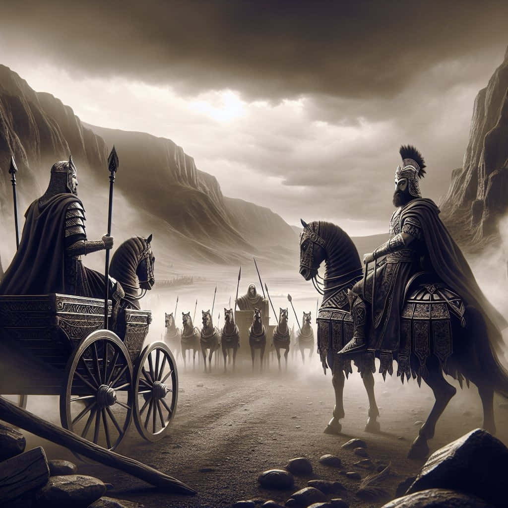  壁紙 — 古代身穿鎧甲的戰士騎著馬和戰車，在風暴天空下穿過迷霧峽谷行進。
