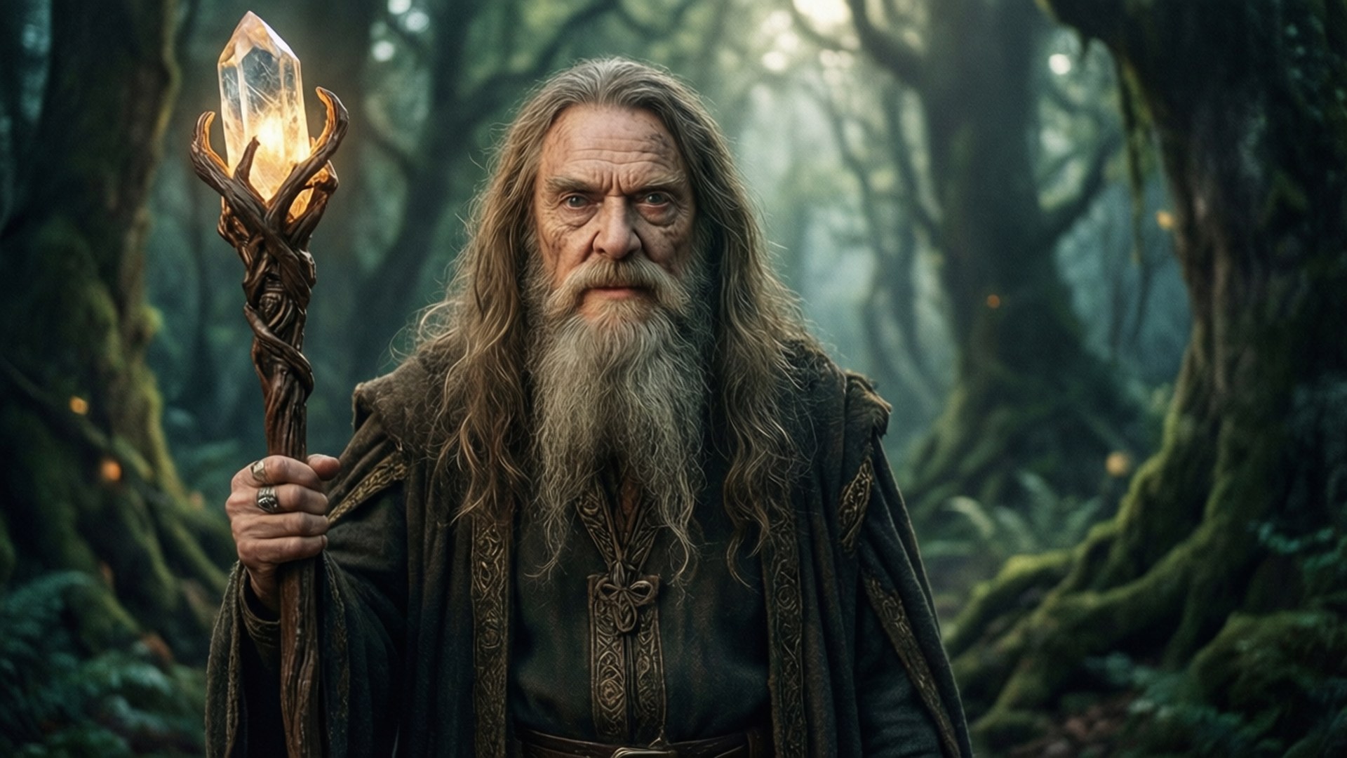 Wizard Dafoe 壁紙 — 一位身穿黑袍的古老鬍鬚巫師，在迷霧籠罩、長滿苔蘚的森林中手持一根頂端有發光水晶的法杖。