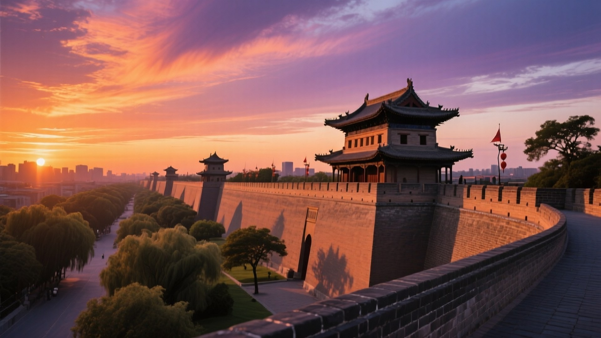 Sunset Over Ancient Ramparts 壁紙 — 古代中國城牆塔樓，在充滿活力的日落天空下，有橙色紫色的雲彩和遠處的現代城市天際線。