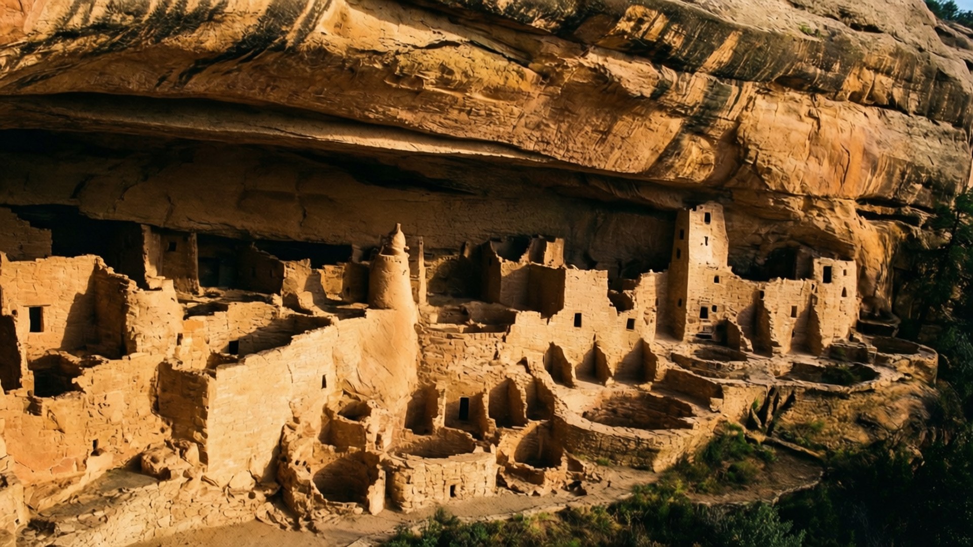 Mesa Verde Cliff Palace 壁紙 — 在巨大懸垂岩層下的金色砂岩中雕刻的古代懸崖住所。