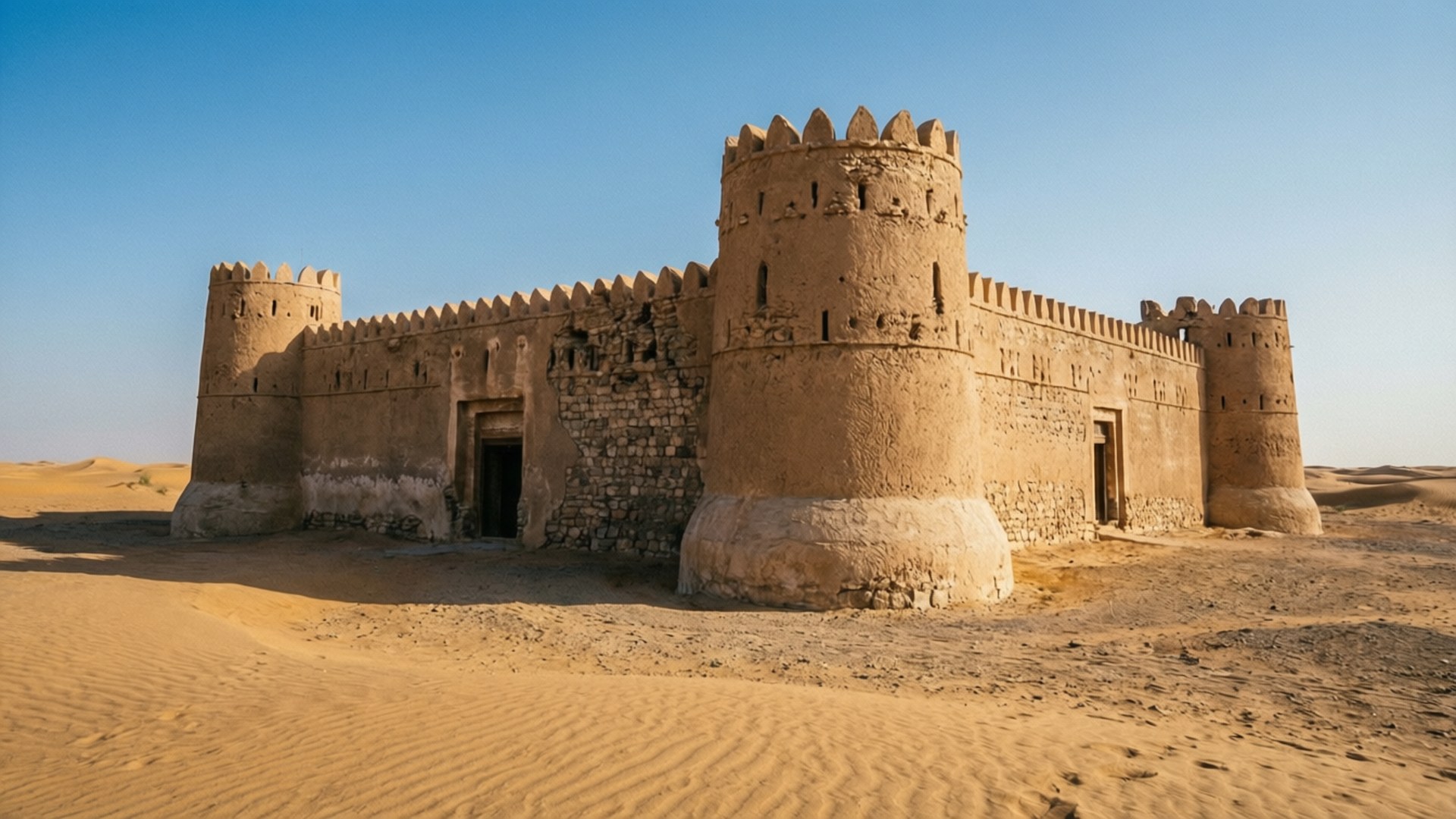 Zubarah Fort Ruins 壁紙 — 古老的沙漠堡壘，帶有鋸齒狀城垛的塔樓，莊嚴地矗立在清澈的藍天下，周圍是波光粼粼的金色沙丘。
