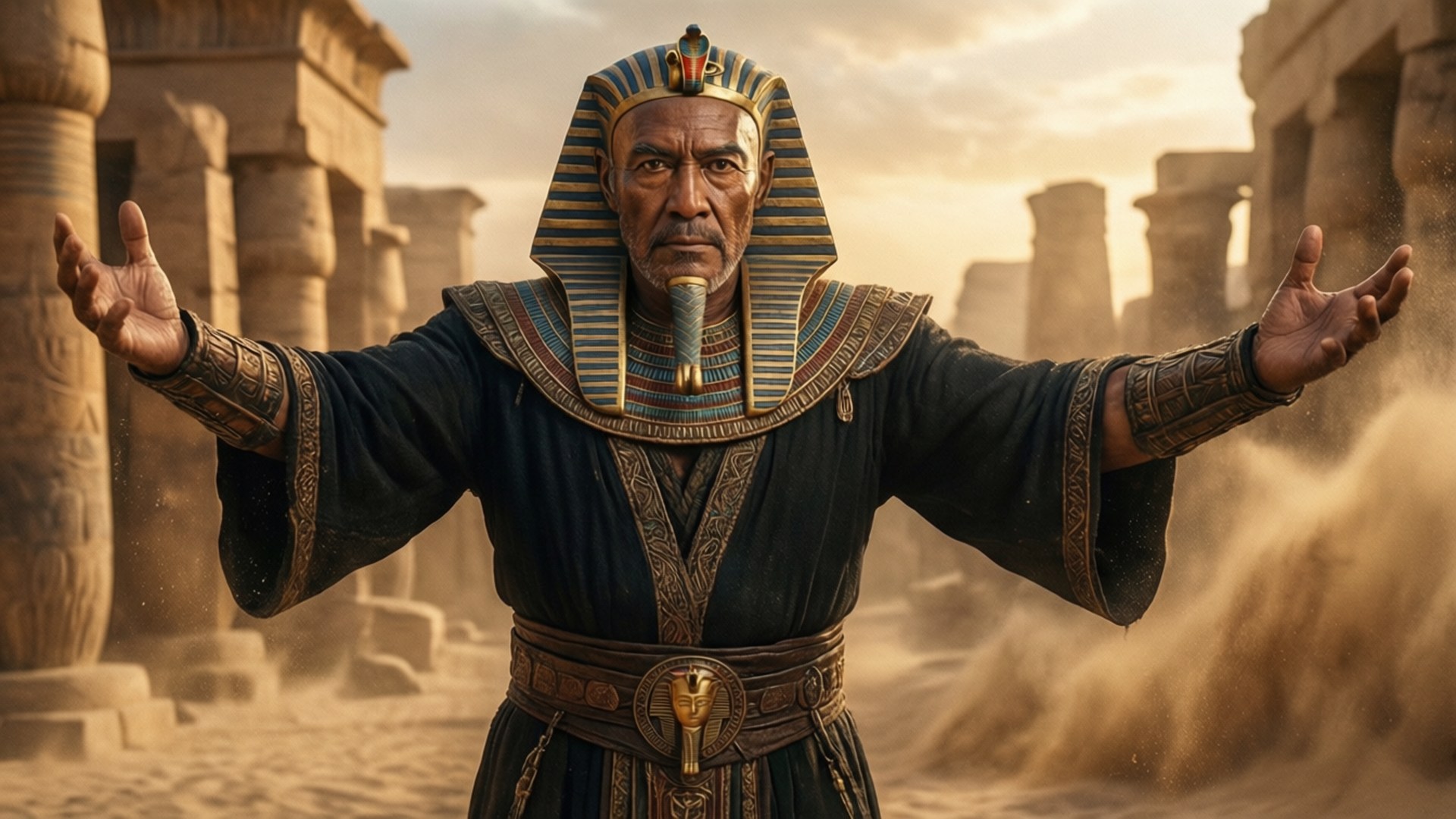 Imhotep Sandstorm 壁紙 — 一位古埃及法老身著華麗服飾，在 crumbling 神廟柱前張開雙臂，沙漠之風在他周圍旋轉。