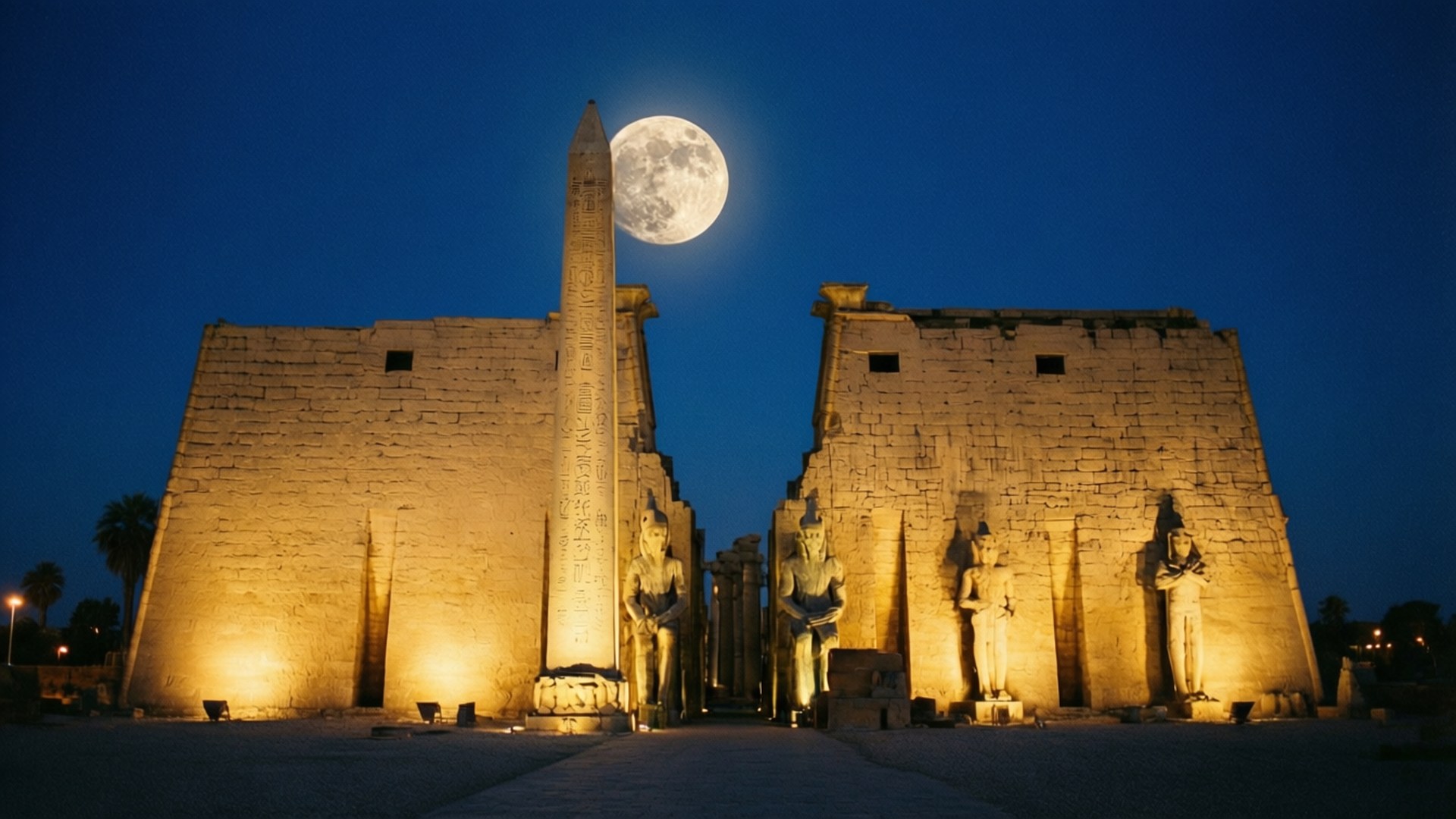 Full Moon Over Luxor 壁紙 — 夜晚燈光照亮的古埃及神廟大門，一輪滿月在巍峨的方尖碑後閃耀。