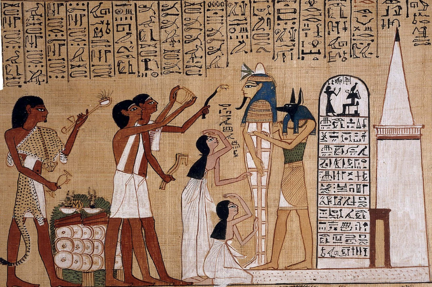 Ancient Egypt 桌布 壁紙 — 古埃及壁畫描繪了帶有象形文字、神祇和穿著傳統服飾的祭司的儀式場景。