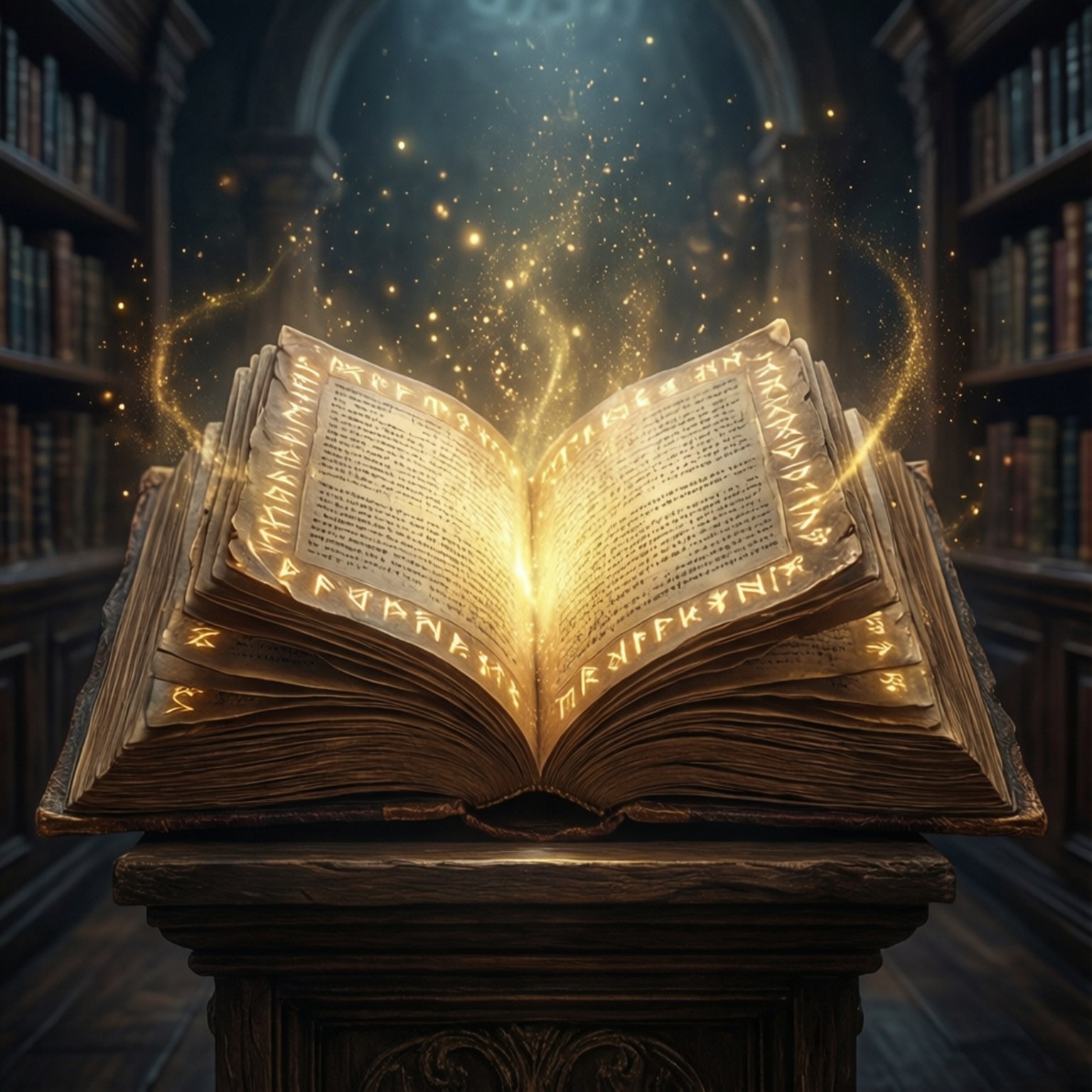 Ancient Grimoire 壁紙 — 一本帶有金色符文的古老發光書本在一個擁有高聳書架的宏偉圖書館中散發出閃爍的魔法。