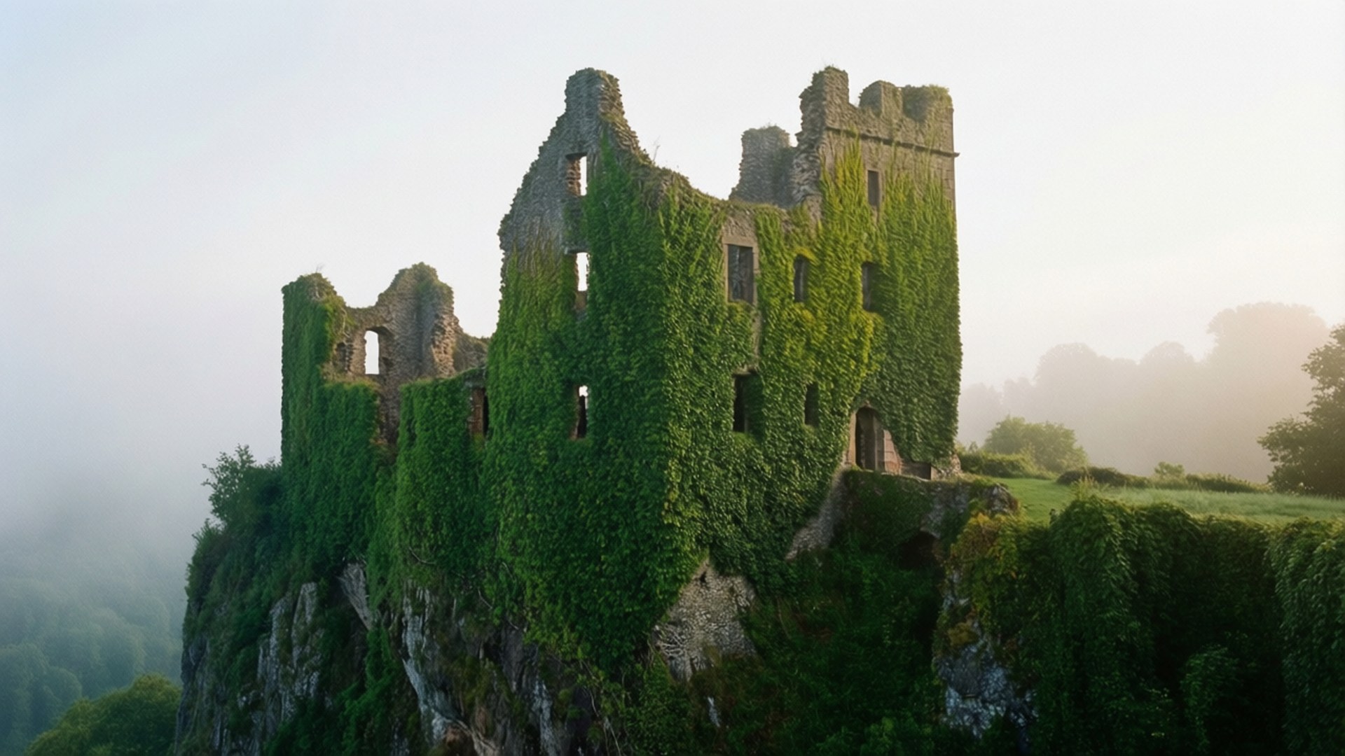 Irish 壁紙 — 古老石城堡廢墟被茂密的綠色常春藤覆蓋，坐落在霧氣繚繞的懸崖上，俯瞰著黎明時分的森林山谷。