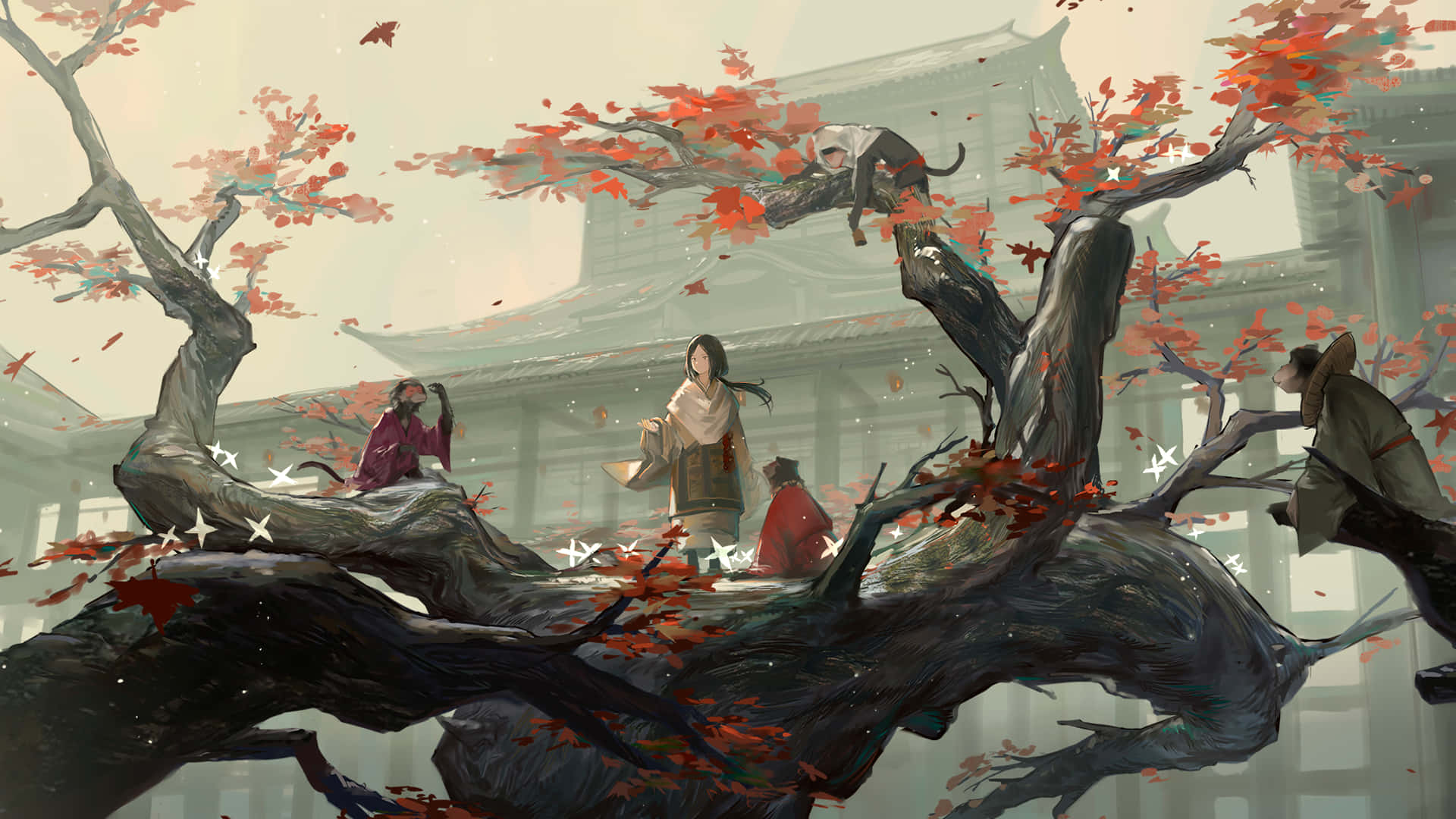 穿著傳統長袍的人物聚集在寺廟附近一棵紅葉樹下，秋霧瀰漫。 — 中式房屋壁紙 壁紙