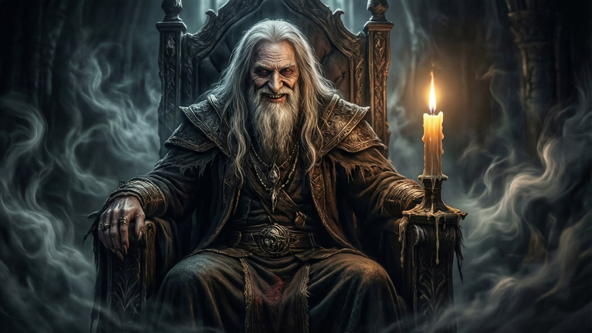 Ancestor's Throne 壁紙 — 一位古老而威嚇的巫師，長長的白髮和白鬍子，坐在黑暗的王座上，在煙霧瀰漫、陰暗的房間裡手持一根點燃的蠟燭。