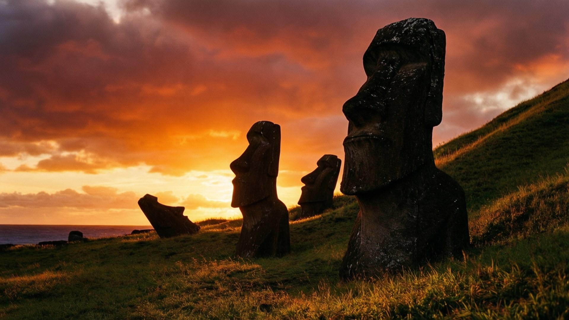 Easter Island Sunset 壁紙 — 古代摩艾石像在海洋附近的草坡上，以火紅的日落天空為背景形成剪影。