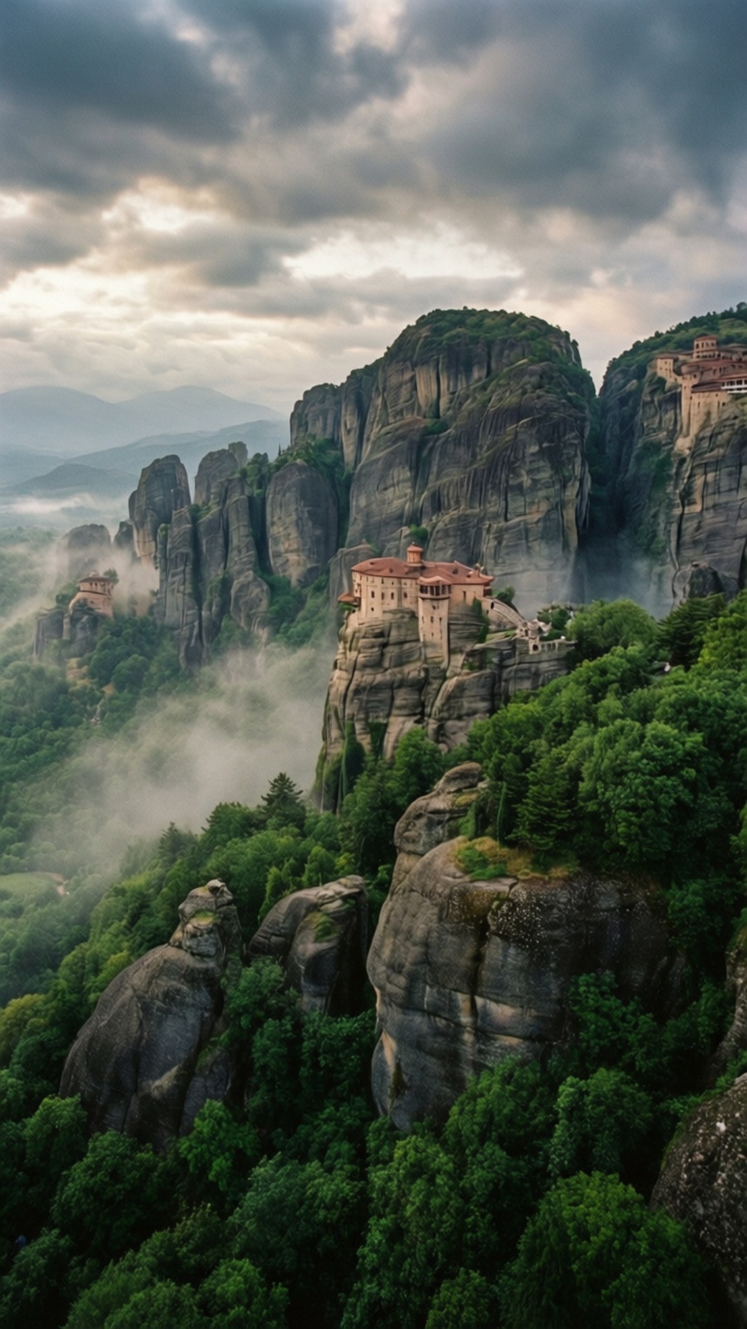 Meteora Monastery Miracle 壁紙 — 古老修道院棲息在高聳的岩柱頂端，周圍是霧氣瀰漫的森林，天空陰雲密布，氣勢磅礴。