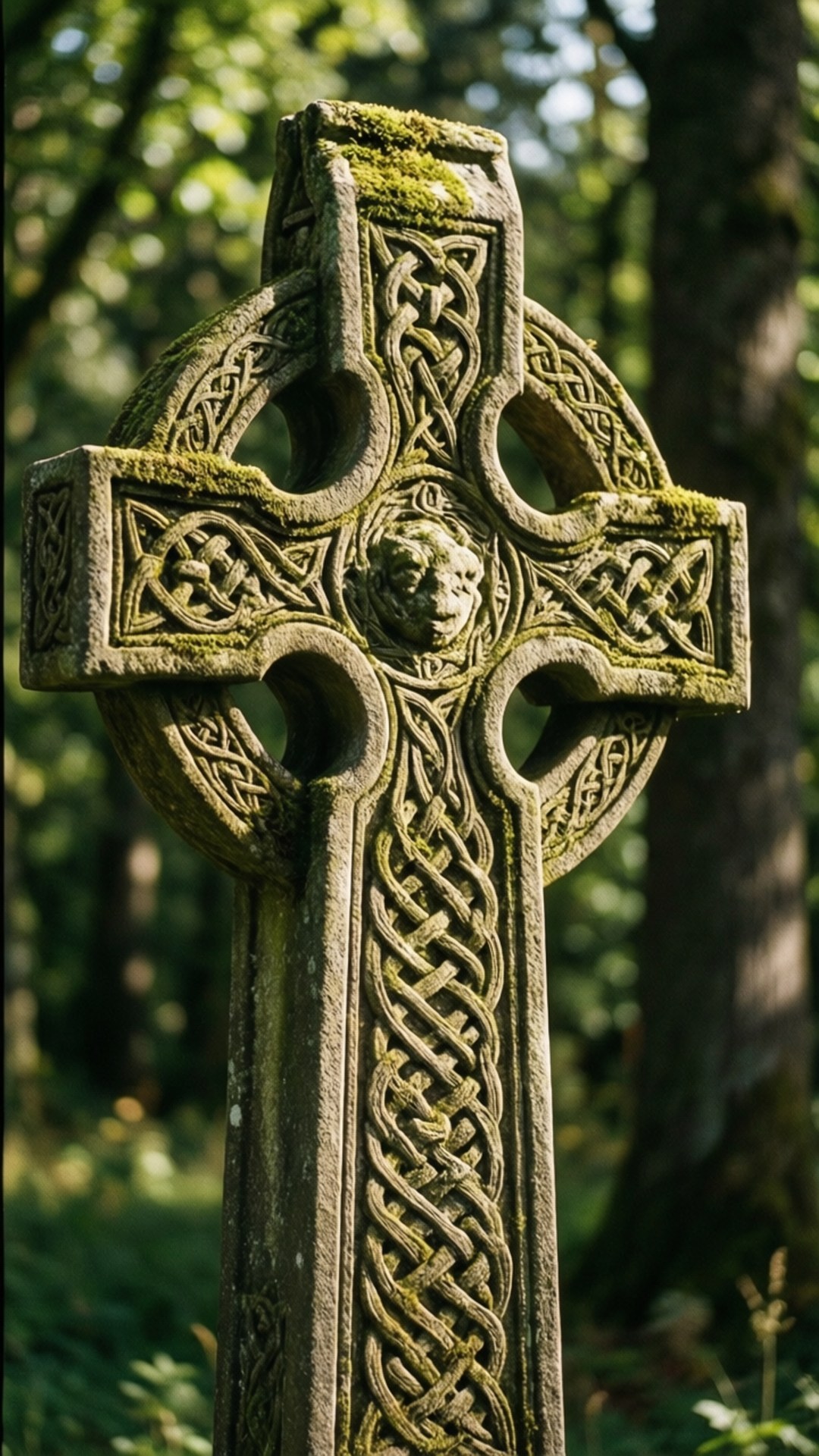 Irish 壁紙 — 一個古老的、長滿青苔的凱爾特十字架，帶有複雜的結飾和中央面孔，矗立在陽光斑駁的森林中。