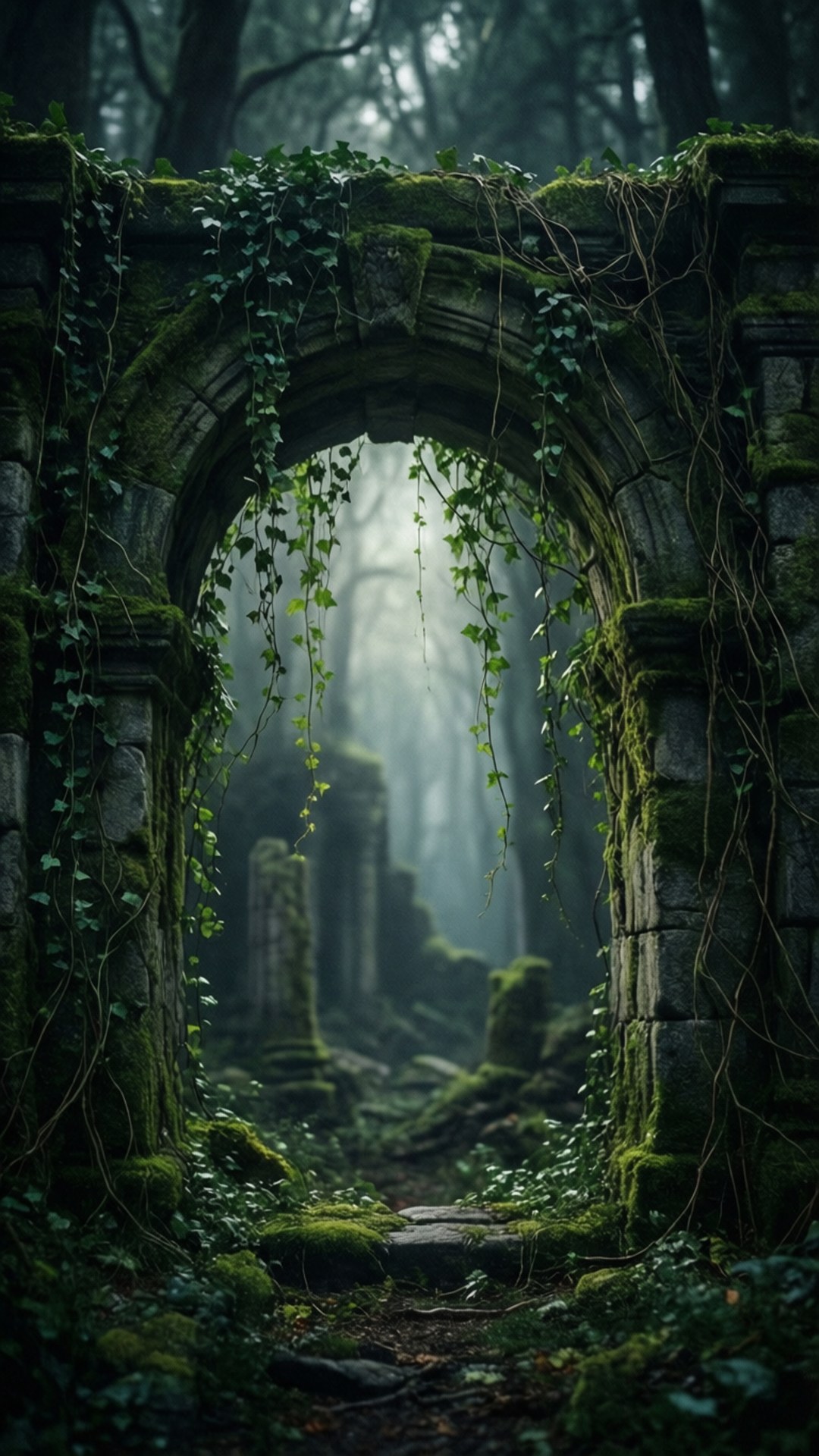 Mossy Stone Arch 壁紙 — 一個古老的長滿青苔的石拱門，爬滿了常春藤，框住了一條通往陰暗廢墟的迷霧森林小徑。