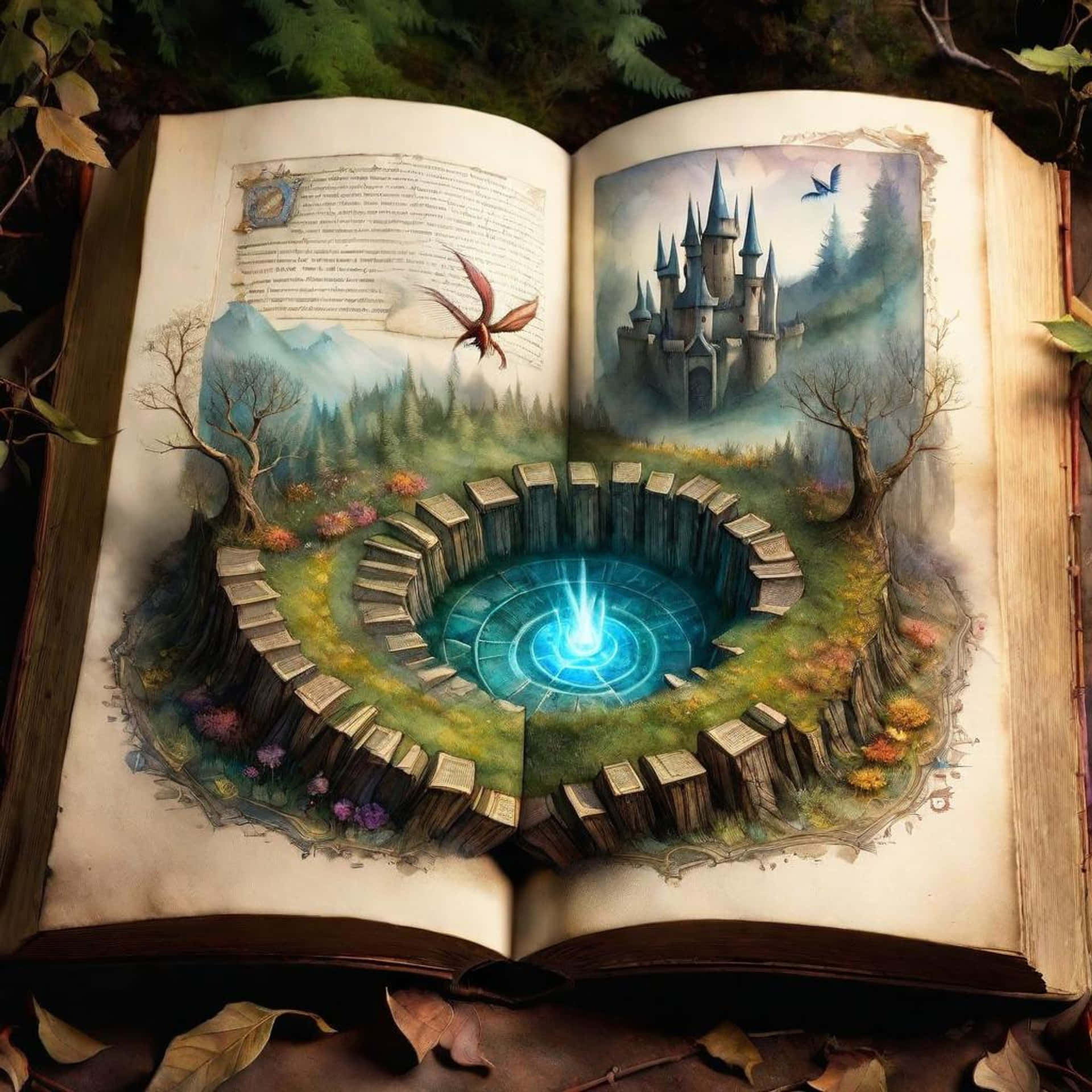  壁紙 — 一本古老的打開的書揭示了一個發著藍光的魔法傳送門，周圍環繞著石階和秋葉。
