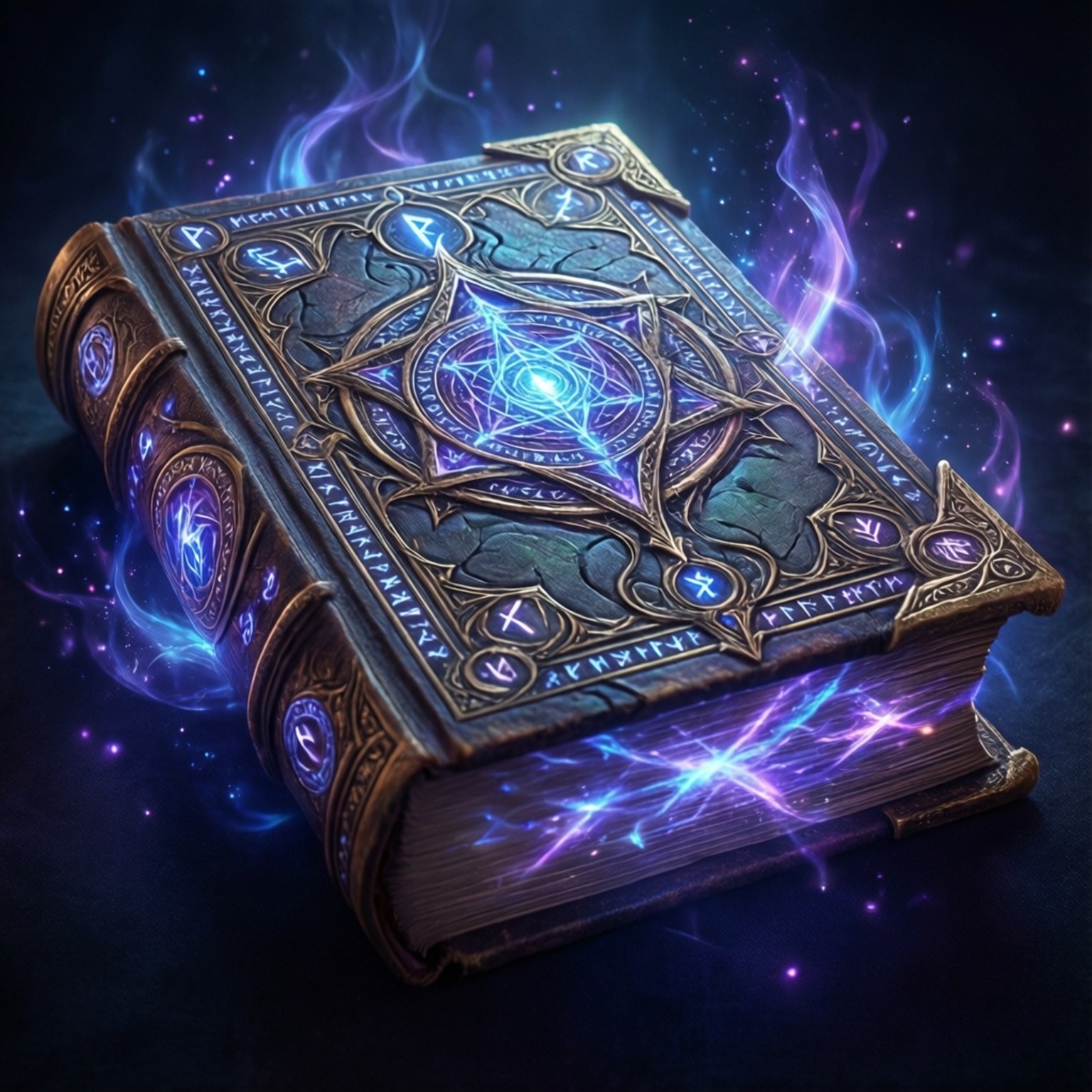 Enchanted Tome 壁紙 — 一本古老的華麗書籍，帶有發光的藍色和紫色魔法符文，以及從書頁中散發出的旋轉能量，背景是黑暗的宇宙。
