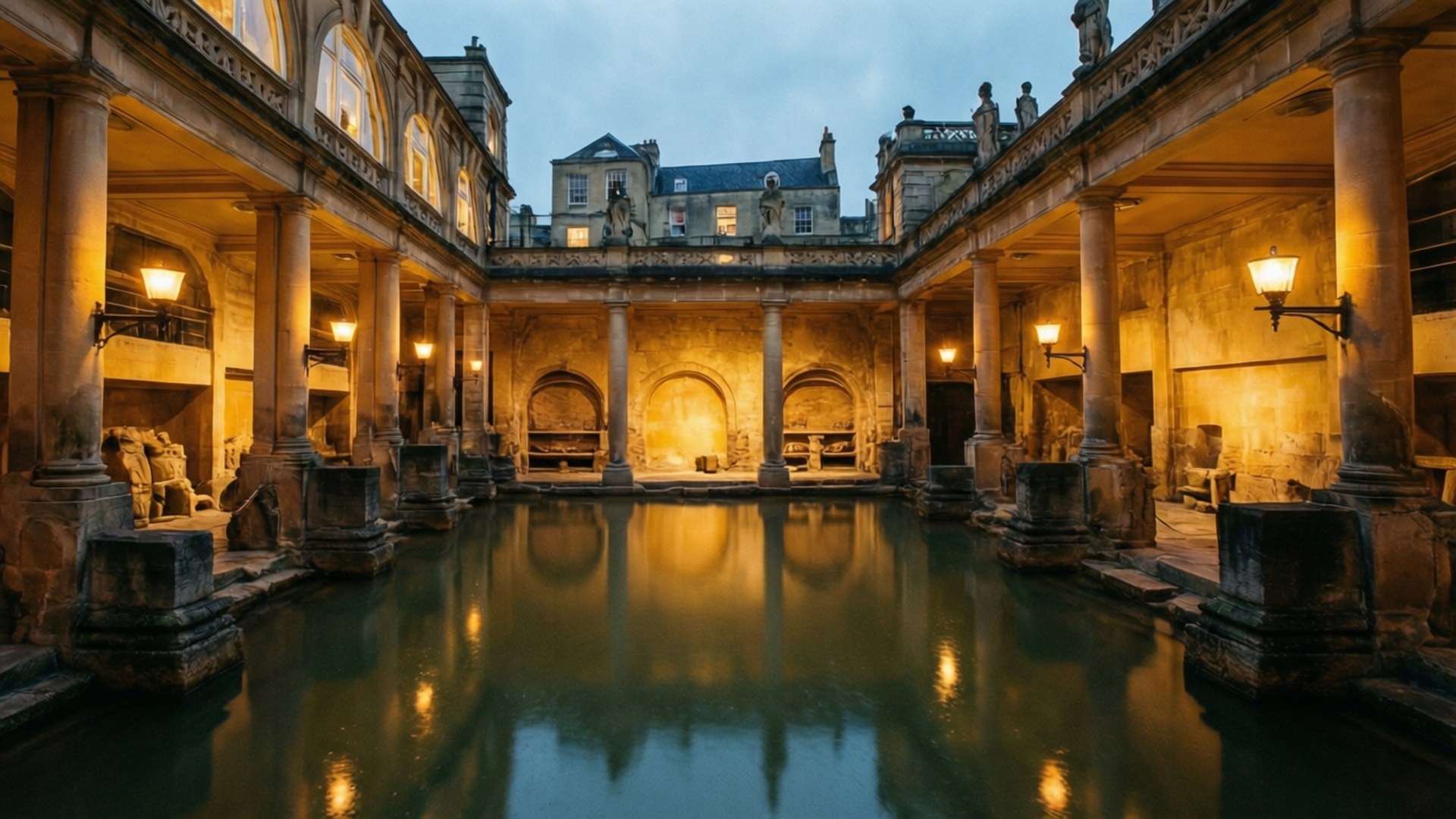 Roman Baths Twilight 壁紙 — 黃昏時分的古羅馬浴場庭院，溫暖的燈籠映照在靜止的水面上，周圍是石柱和拱門。