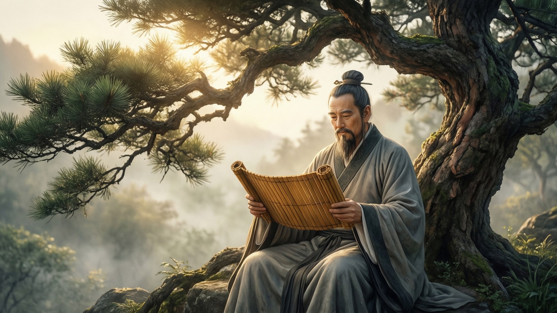 Confucianism 桌布 壁紙 — 一位身穿灰色長袍的古代學者，在一棵盤根錯節的松樹下閱讀竹簡，金色的晨光透過霧氣繚繞的山巒。