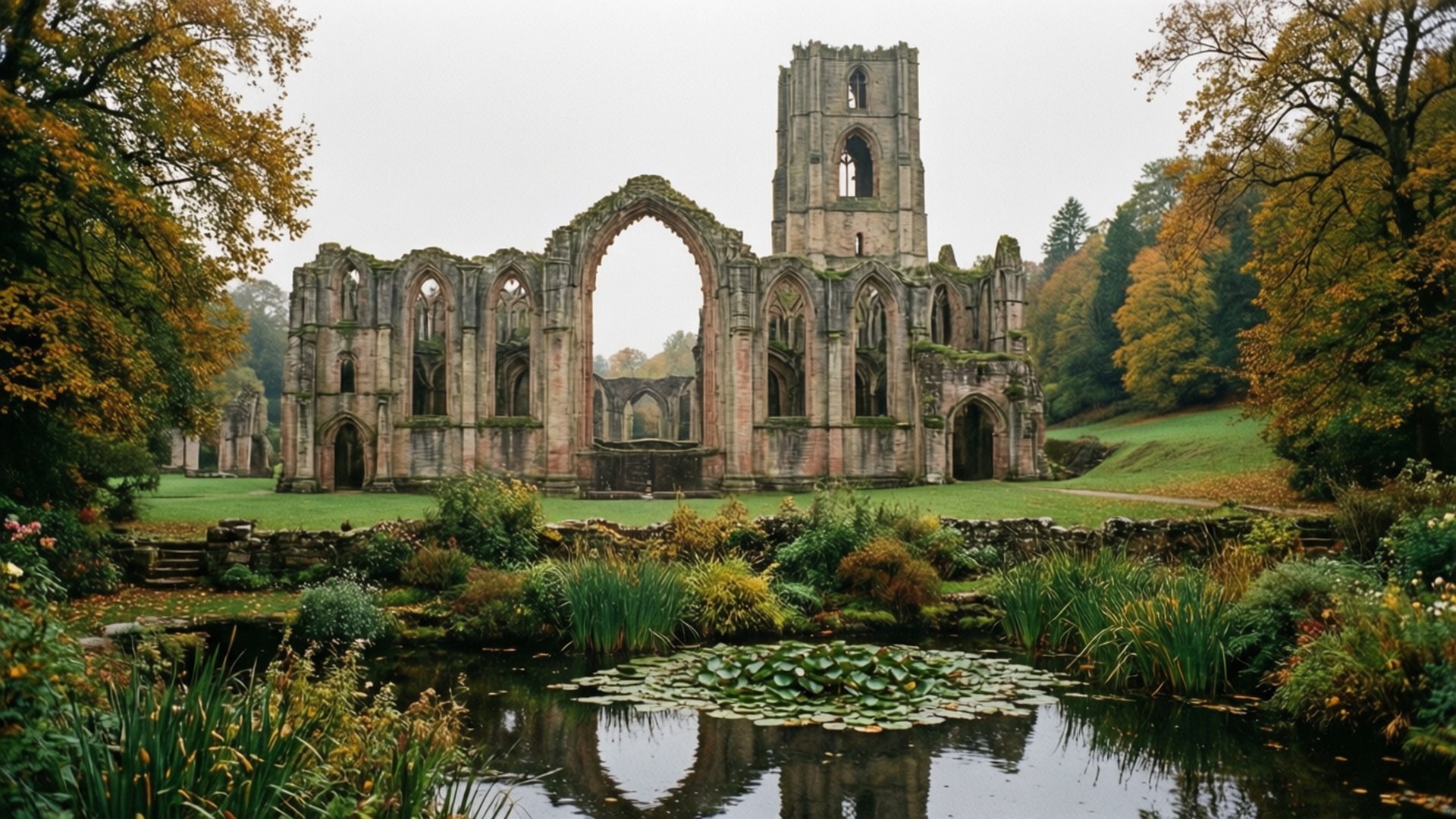 Fountains Abbey Autumn 壁紙 — 古老的石頭修道院遺址，有拱形窗戶和塔樓，矗立在秋樹和百合池塘之間。