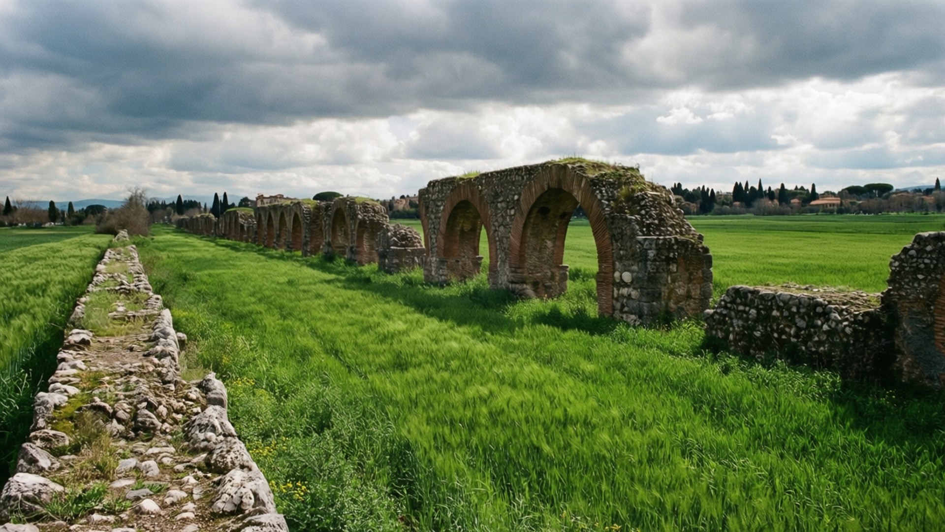 Ancient Aqueduct 壁紙 — 古老的石砌水道遺跡，長滿青苔的拱門，在戲劇性的多雲天空下，延伸在充滿活力的綠色田野上。
