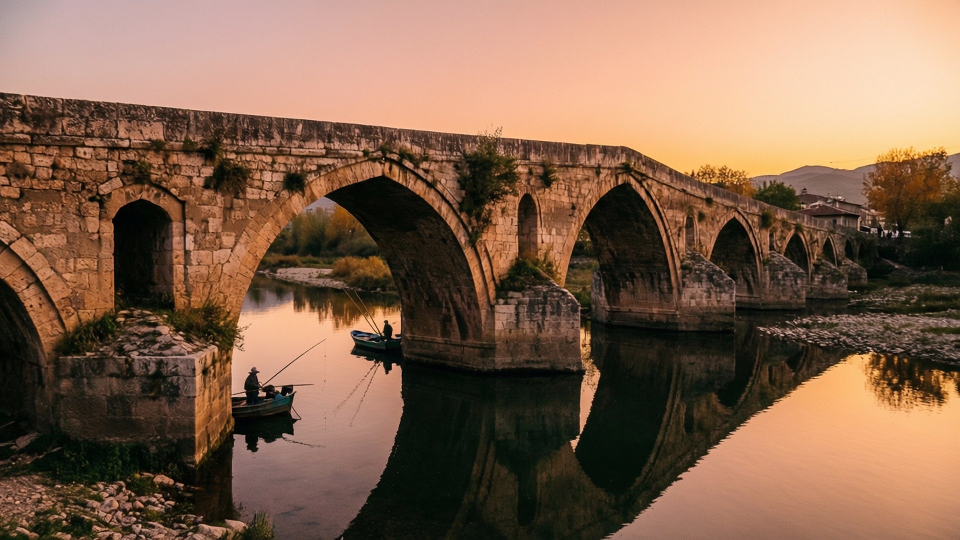 Taş Köprü Sunset 壁紙 — 古老石橋有多個拱門，橫跨平靜的河流，金色夕陽反射出溫暖色調和漁民在船上的剪影。