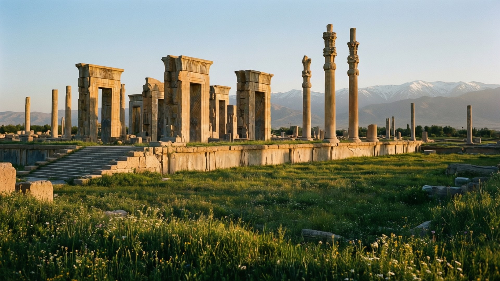 Achaemenid Empire 桌布 壁紙 — 一座廢墟神廟的古老石柱和拱門矗立在長滿青草的田野中，遠處是白雪皚皚的山脈，在晴朗的藍天下。