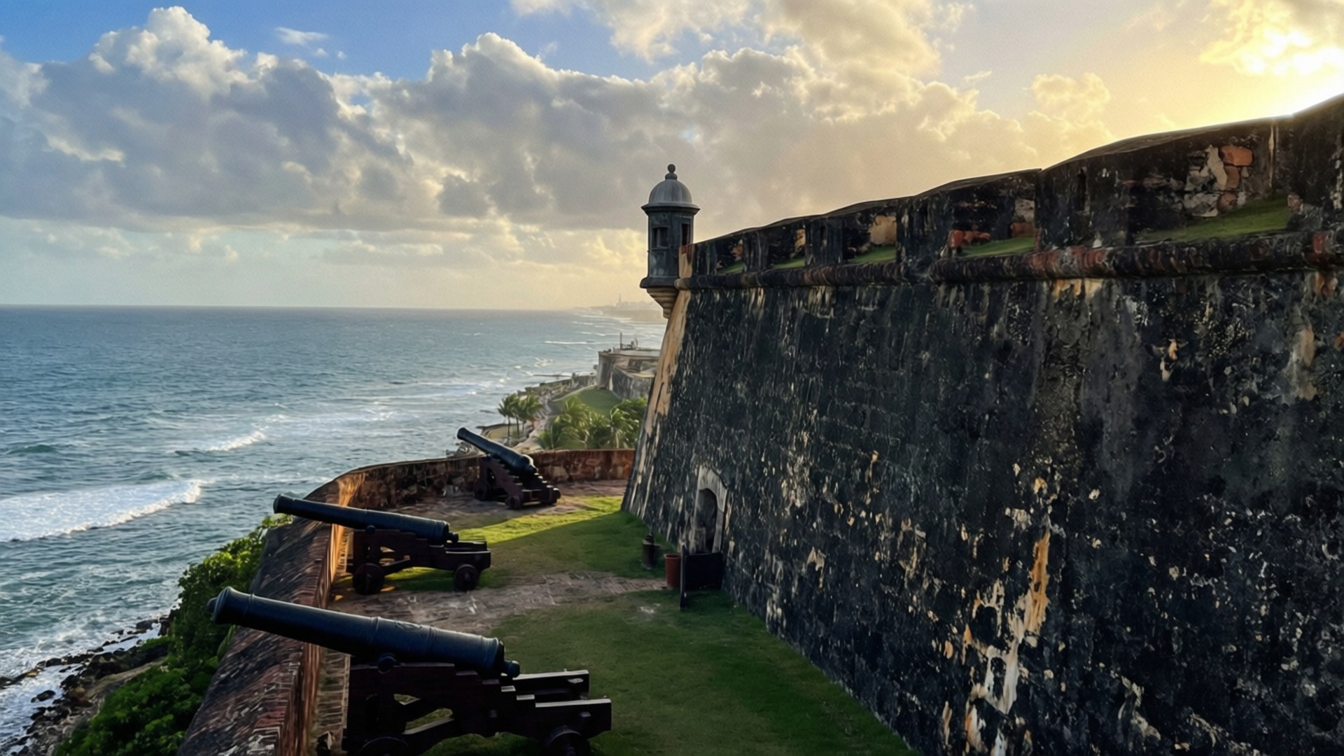 San Cristóbal Fortress Sunset 壁紙 — 古老石堡大炮俯瞰著在戲劇性多雲日落天空下翻騰的海浪。