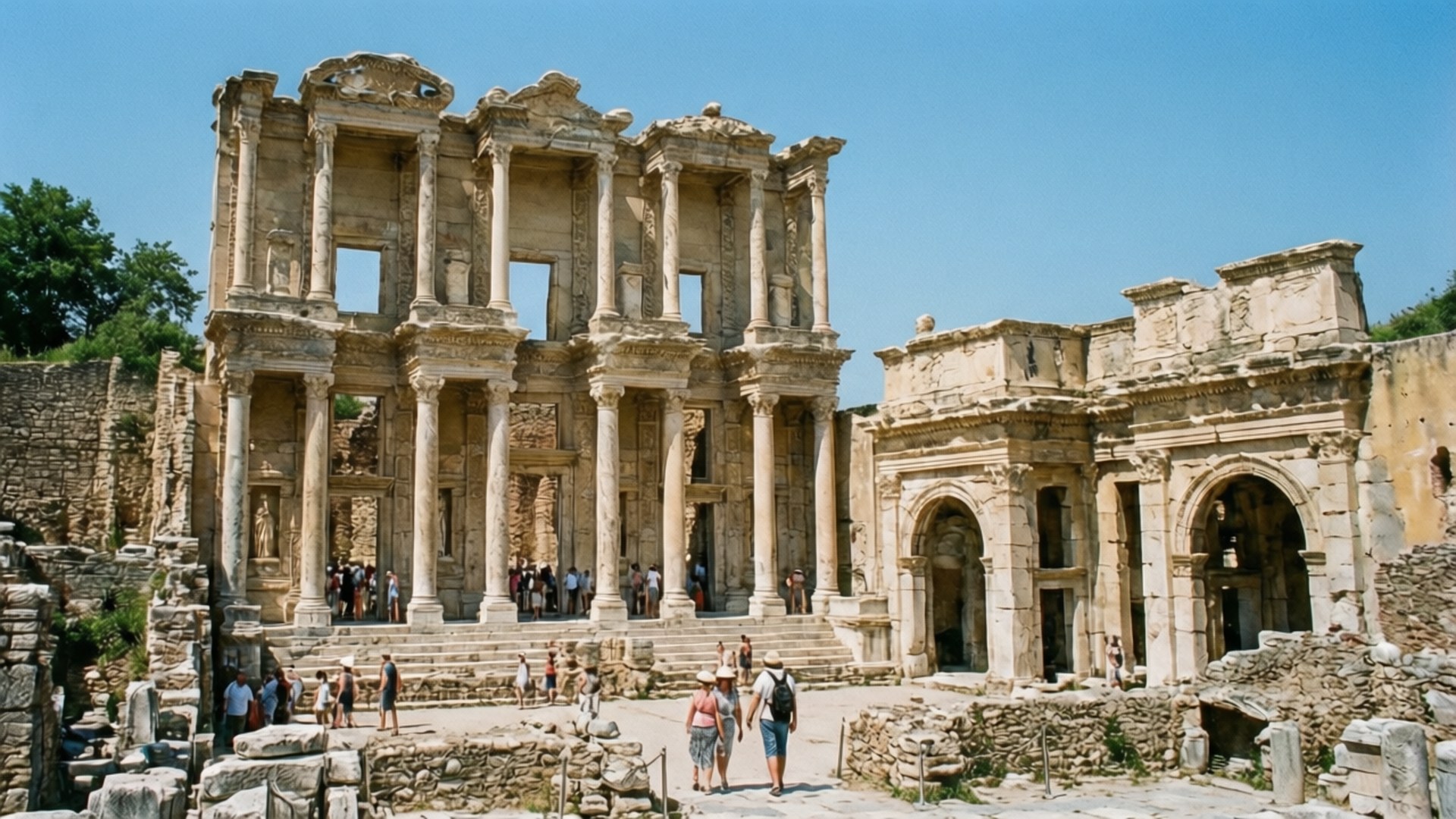 Ephesus Ancient Glory 壁紙 — 宏偉圖書館的古代石遺跡，有高聳的柱子和拱門，在清澈的藍天下，遊客正在探索該遺址。