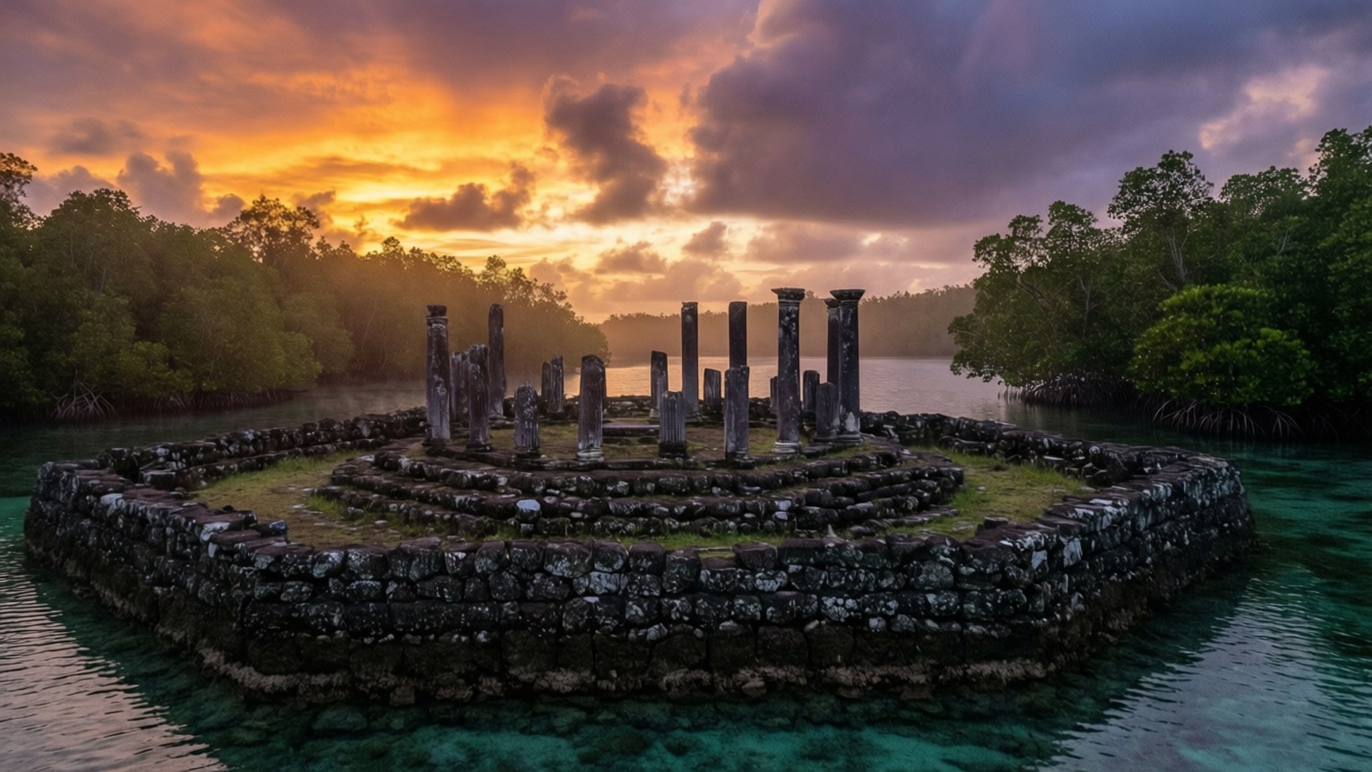 Nan Madol Sunset Ruins 壁紙 — 古老的石頭廢墟豎立著柱子，在日落時分從碧綠色的水中升起，周圍環繞著紅樹林。