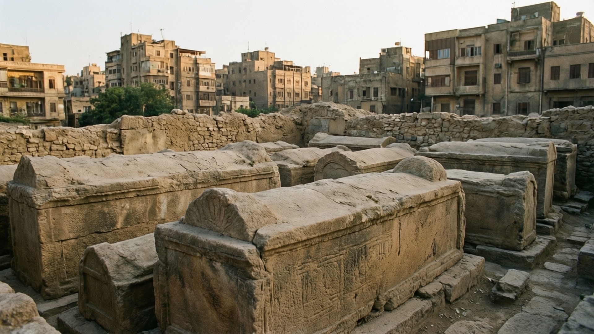 Shatby Necropolis 壁紙 — 古代石棺風化地躺在陽光明媚的考古遺址中，背後有現代建築聳立。