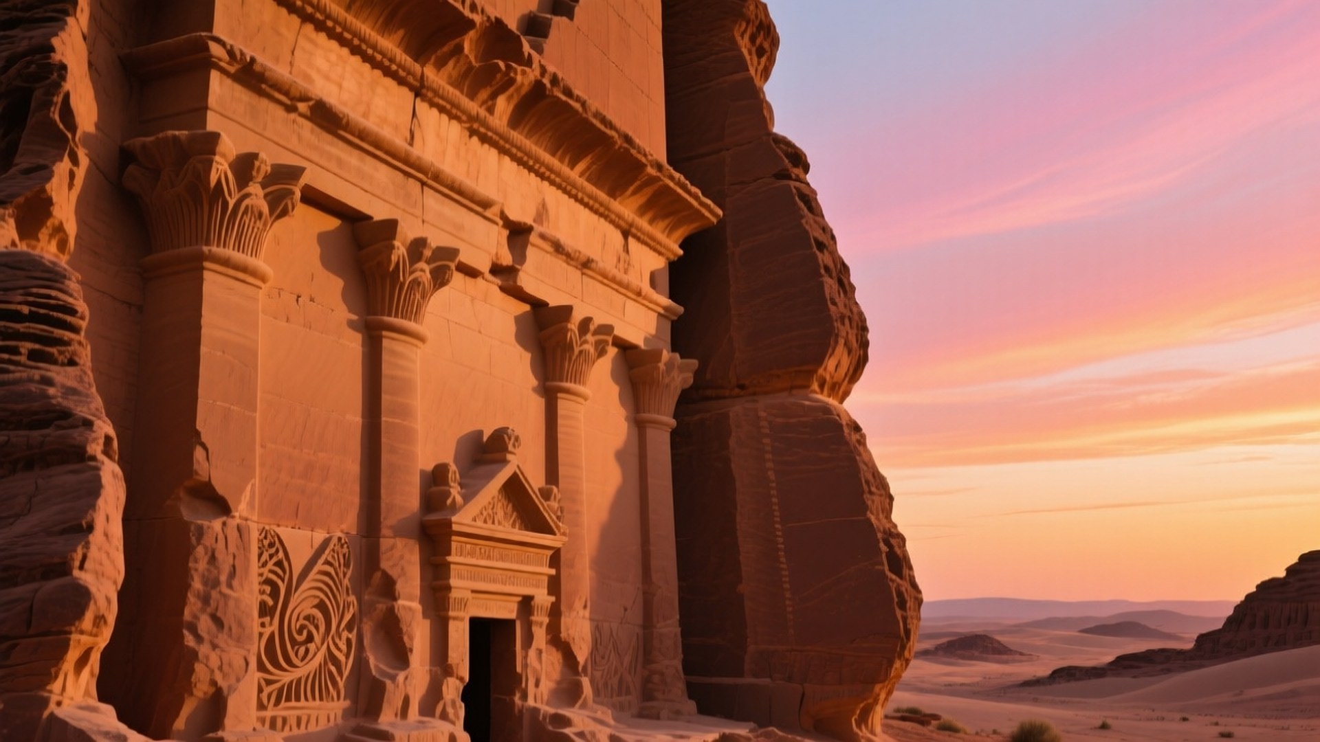 Mada'in Saleh Carvings 壁紙 — 古老石廟雕刻在沙漠懸崖上，沐浴在溫暖的日落色調中，天空呈現粉紅橙色。