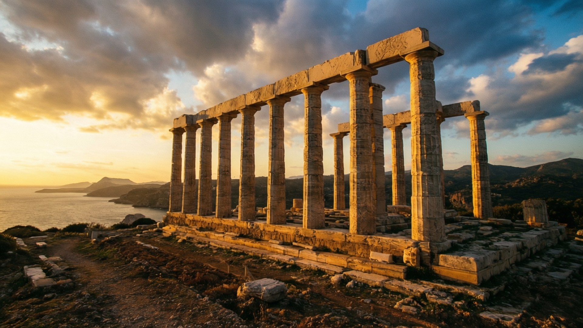 Temple of Poseidon Sunset 壁紙 — 古代石廟柱聳立在金色日落天空下，俯瞰海岸海洋。
