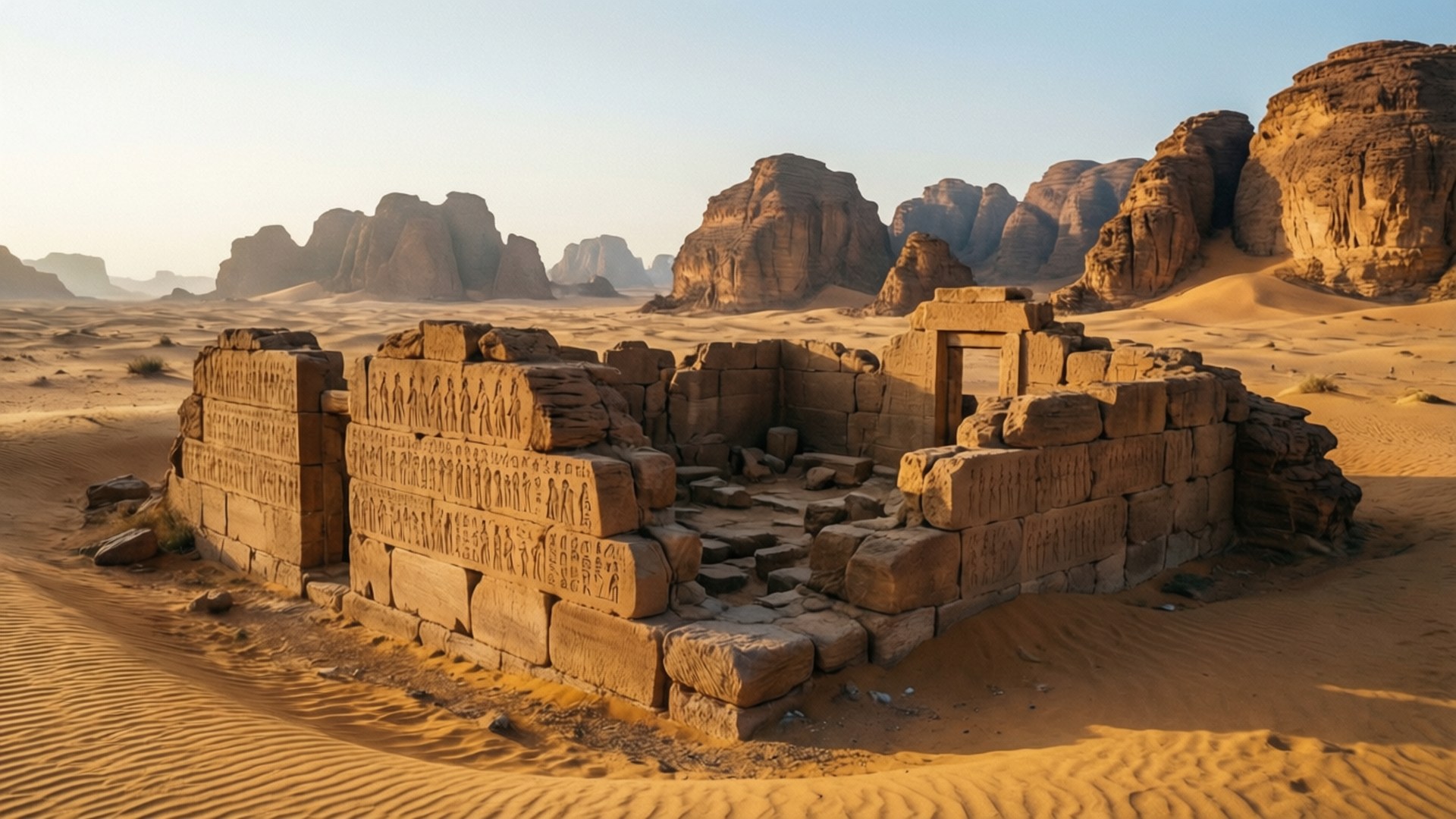 Dadan Ruins Al-Ula 壁紙 — 刻有象形文字的古代石廟遺跡矗立在金色沙漠沙地上，背景是溫暖的日落光線和高聳的岩石 formations。
