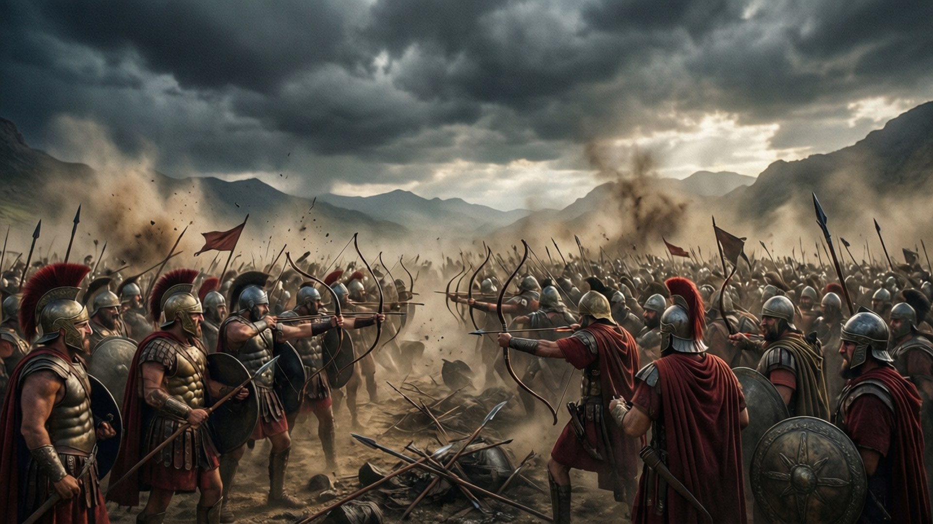 Ancient Warfare 桌布 壁紙 — 古代戰士身穿青銅盔甲和紅色斗篷，在風暴天空下的塵土飛揚的山谷中交戰。