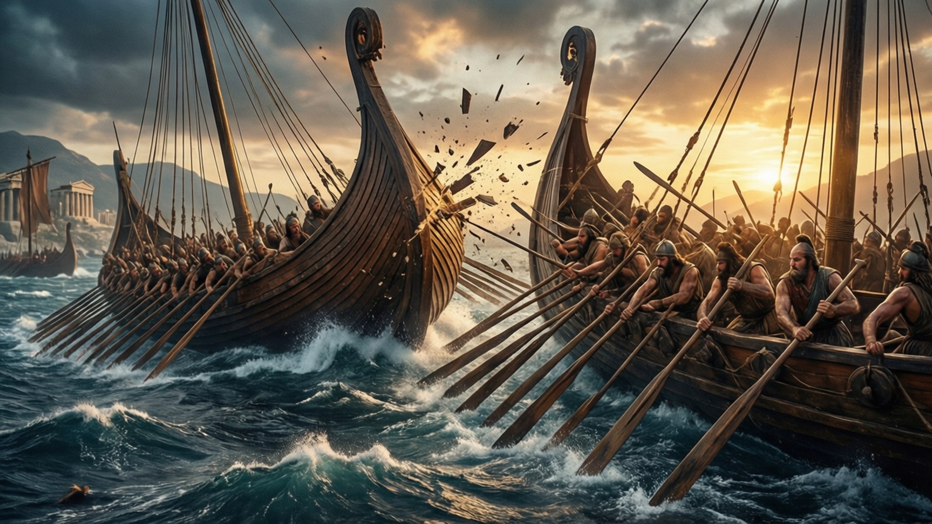 Ancient Warfare 桌布 壁紙 — 古代戰船在日落時分的洶湧海域中碰撞，戰士們在破碎的波浪和遠山之間划船和戰鬥。