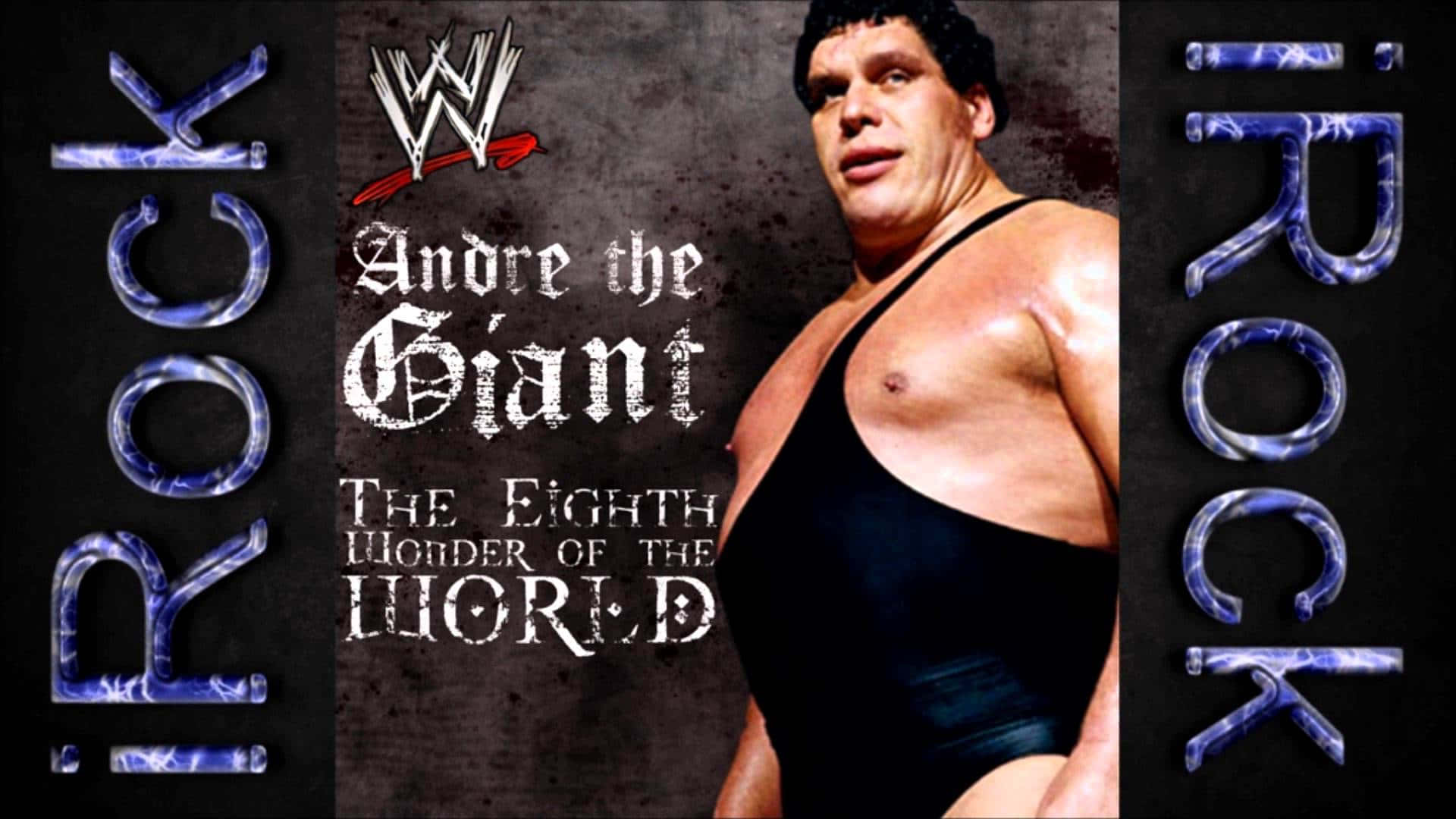 摔角 桌布 壁紙 — Andre the Giant 穿著黑色摔角緊身衣，在深色紋理背景前擺姿勢，帶有「iROCK」和「The Eighth Wonder of the World」文字。